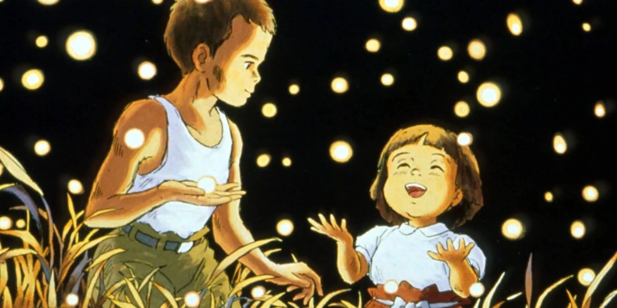 Anh em Seita và Setsuko bên những đốm lửa ma trơi trong Grave of the Fireflies
