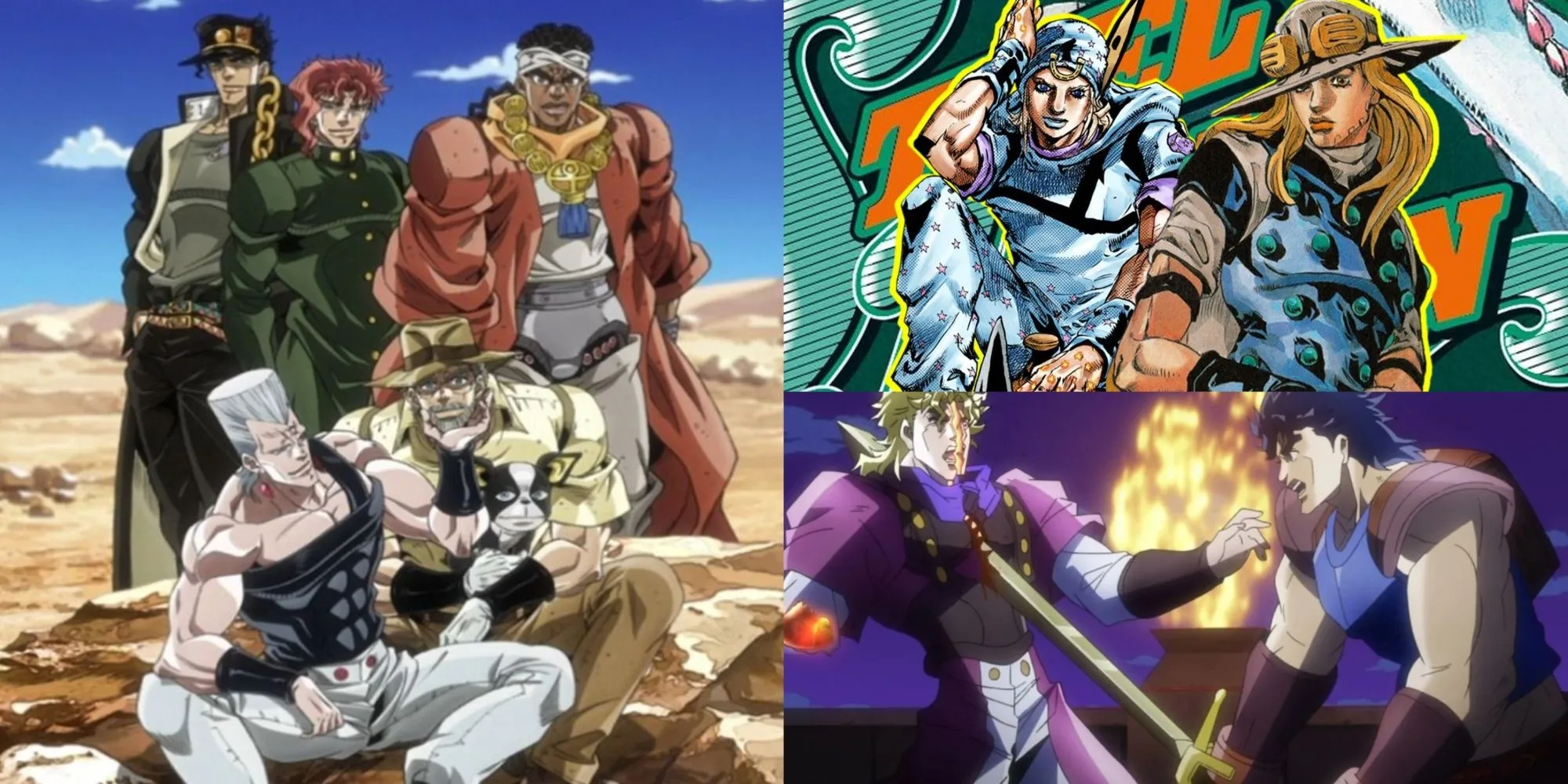 Ảnh ghép các phần của JoJo's Bizarre Adventure: Stardust Crusaders, Steel Ball Run, Phantom Blood