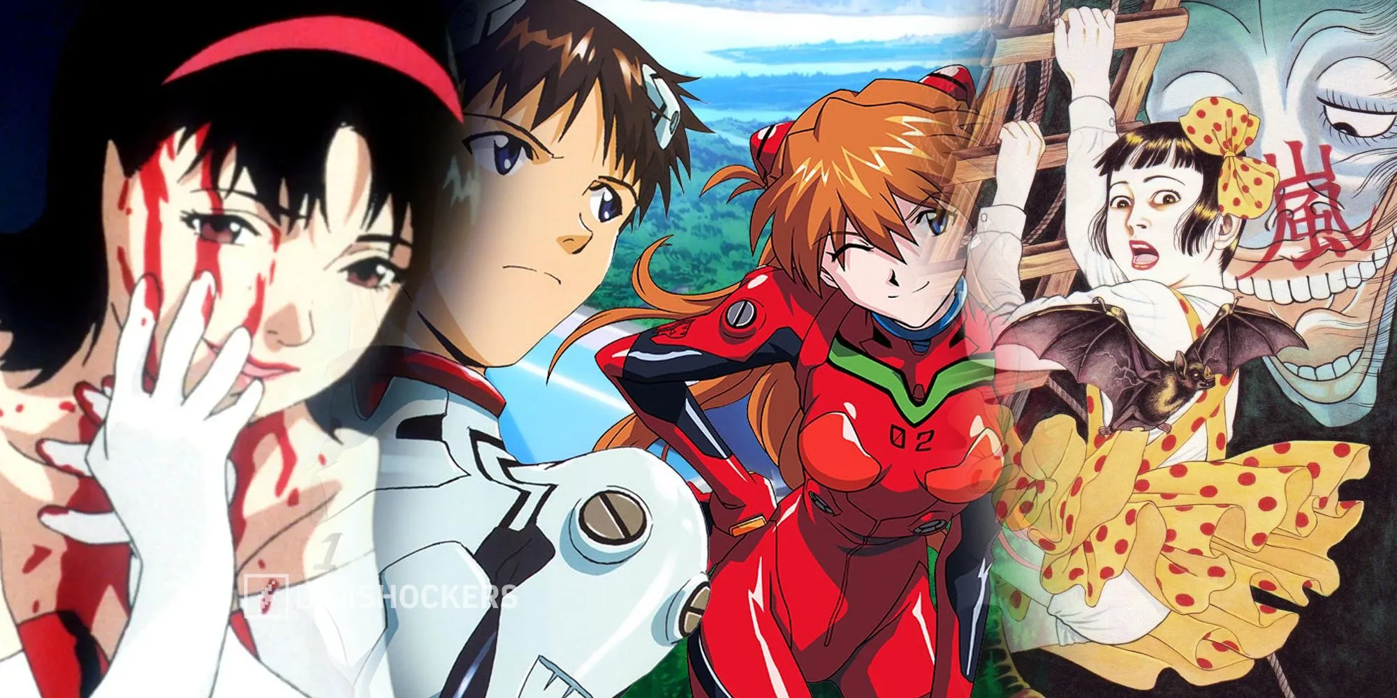 Ảnh tổng hợp các bộ anime kinh dị tâm lý nổi tiếng như Perfect Blue, Evangelion