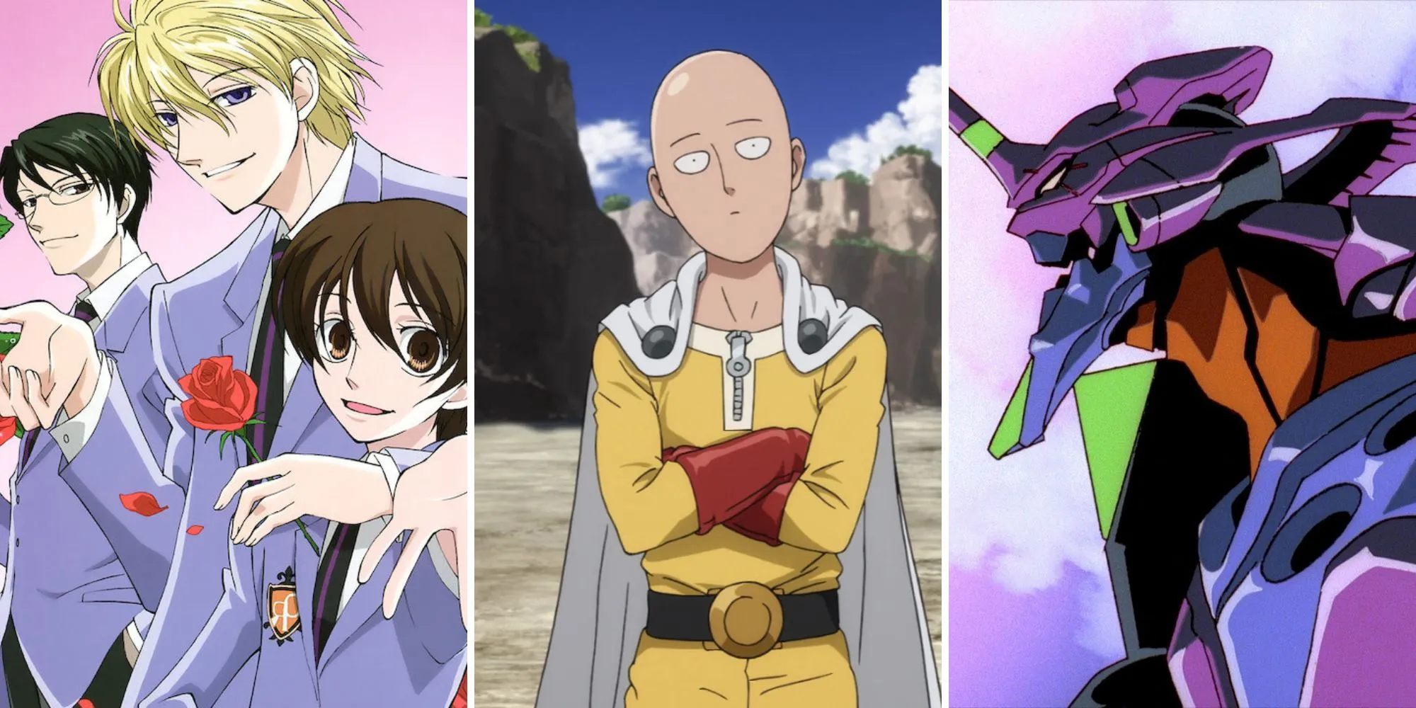 Ảnh tổng hợp các bộ anime lồng tiếng Anh hay như Ouran High School Host Club, One-Punch Man, Neon Genesis Evangelion
