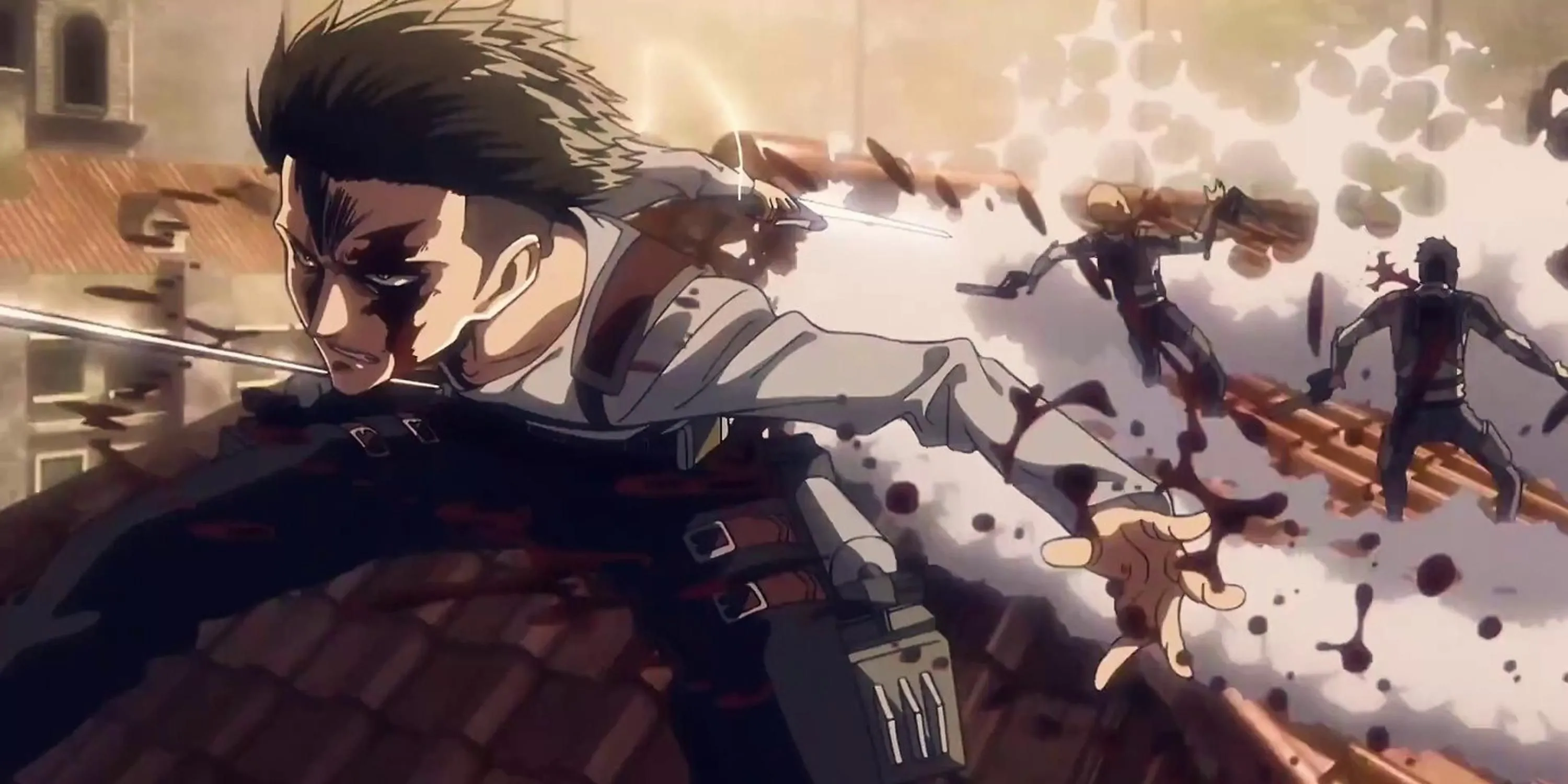 Captain Levi di chuyển nhanh nhẹn trong thành phố chống lại đội của Kenny trong Attack on Titan