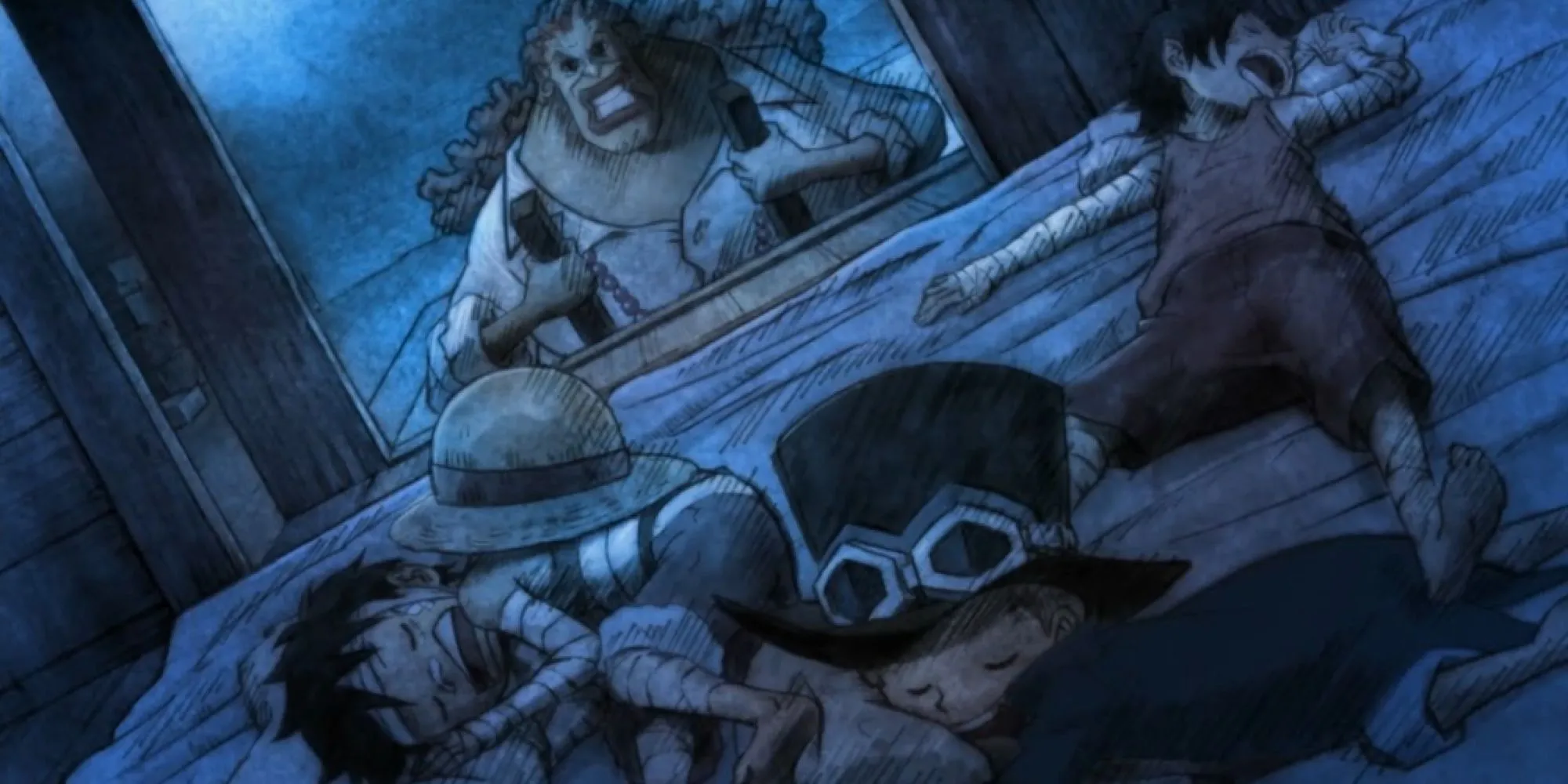 Dadan cùng Luffy, Ace và Sabo thời thơ ấu ở làng Foosha, thể hiện tình cảm gia đình không máu mủ ruột thịt