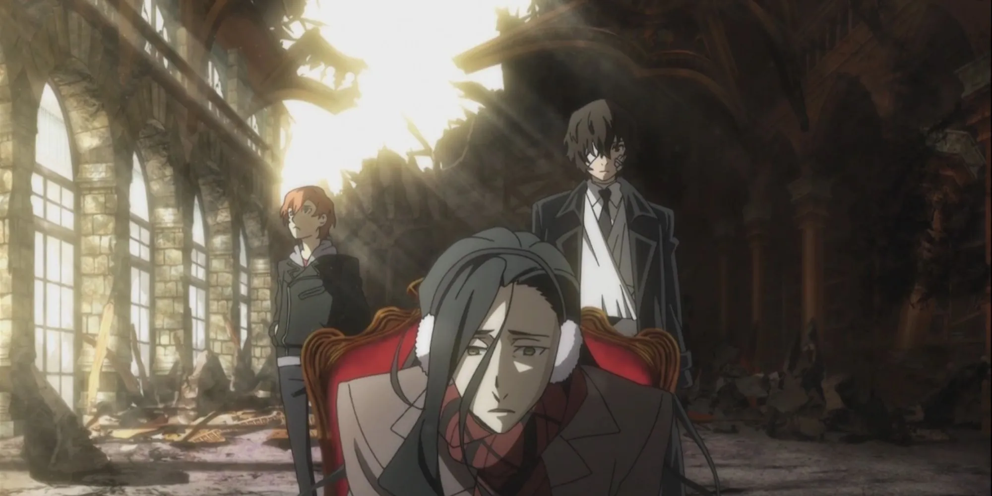 Dazai và Chuuya sử dụng năng lực siêu nhiên trong anime Bungo Stray Dogs.