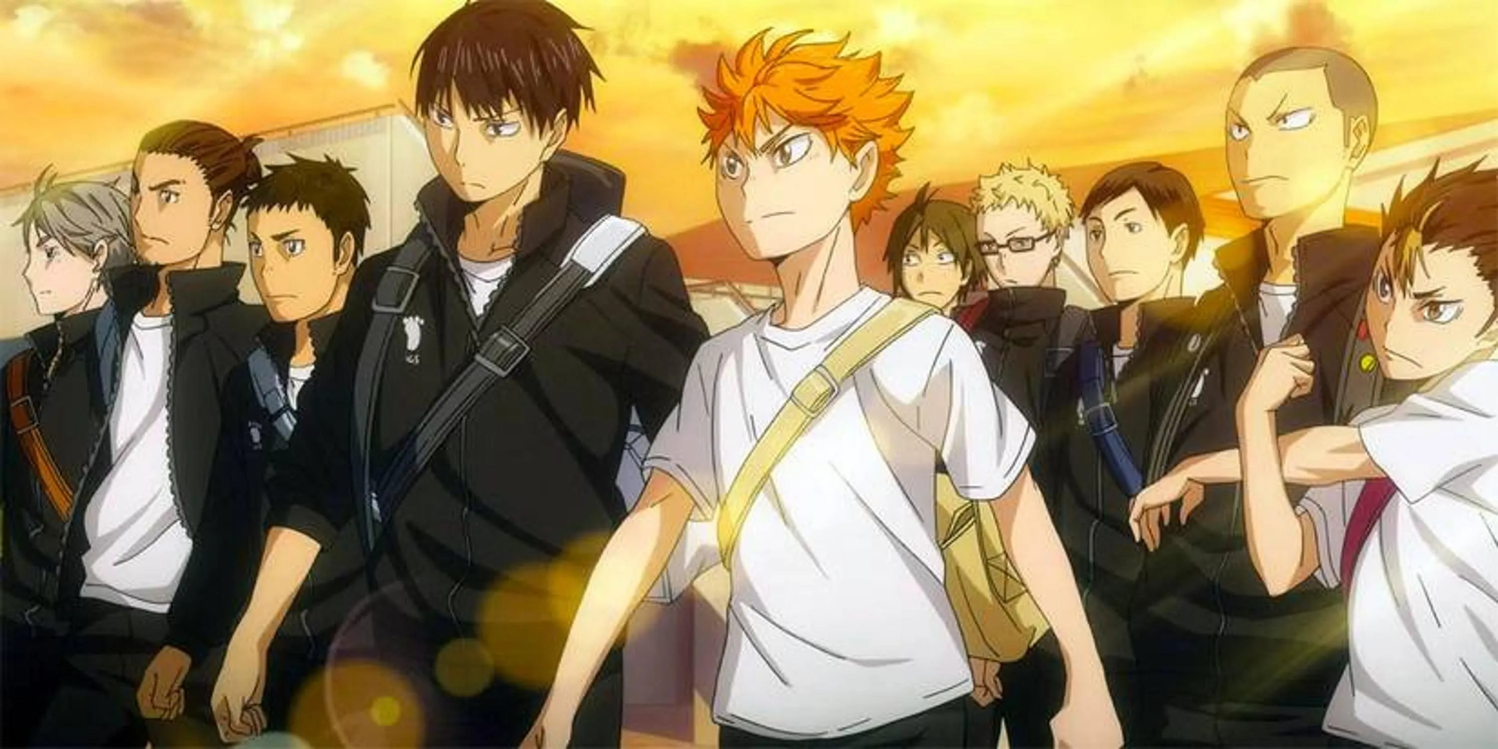 Đội bóng chuyền trường Karasuno trong anime Haikyuu!!, thể hiện tinh thần đồng đội và những pha bóng năng động.