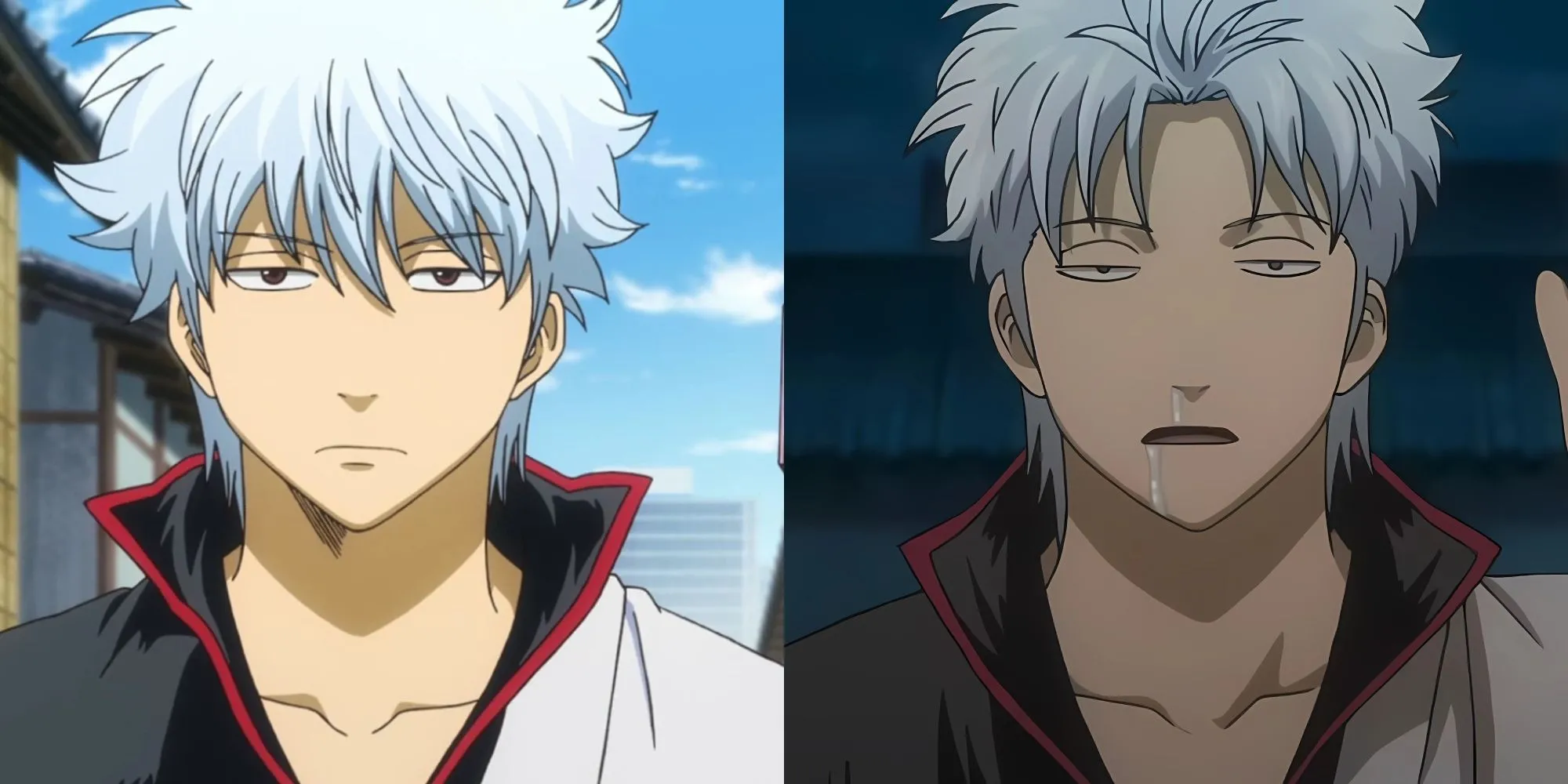 Gintoki Sakata từ Gintama, trong bộ đồ ngủ trắng quen thuộc, với cây kiếm gỗ và vẻ mặt lười nhác đặc trưng của một samurai thất nghiệp.