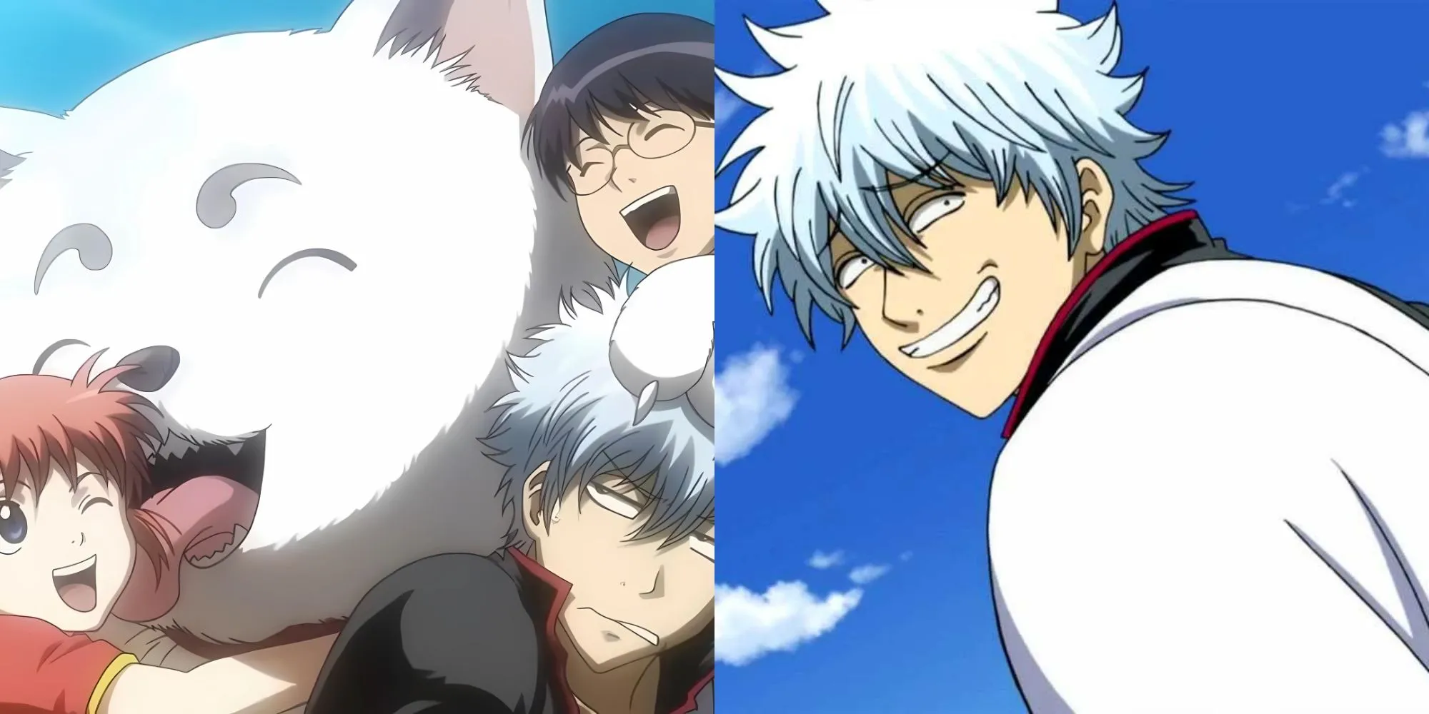 Gintoki, Shinpachi, Kagura (Yorozuya) cùng Sadaharu trong series anime hài hước Gintama