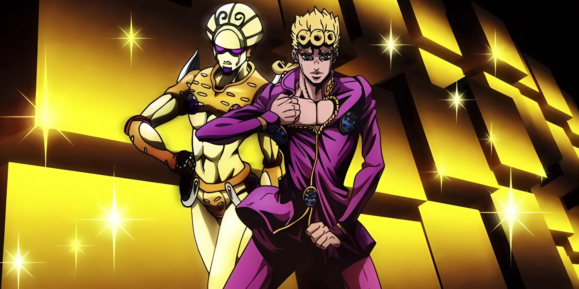Giorno Giovanna với tư thế tay trên hông, khoe chi tiết ngực áo trong Golden Wind