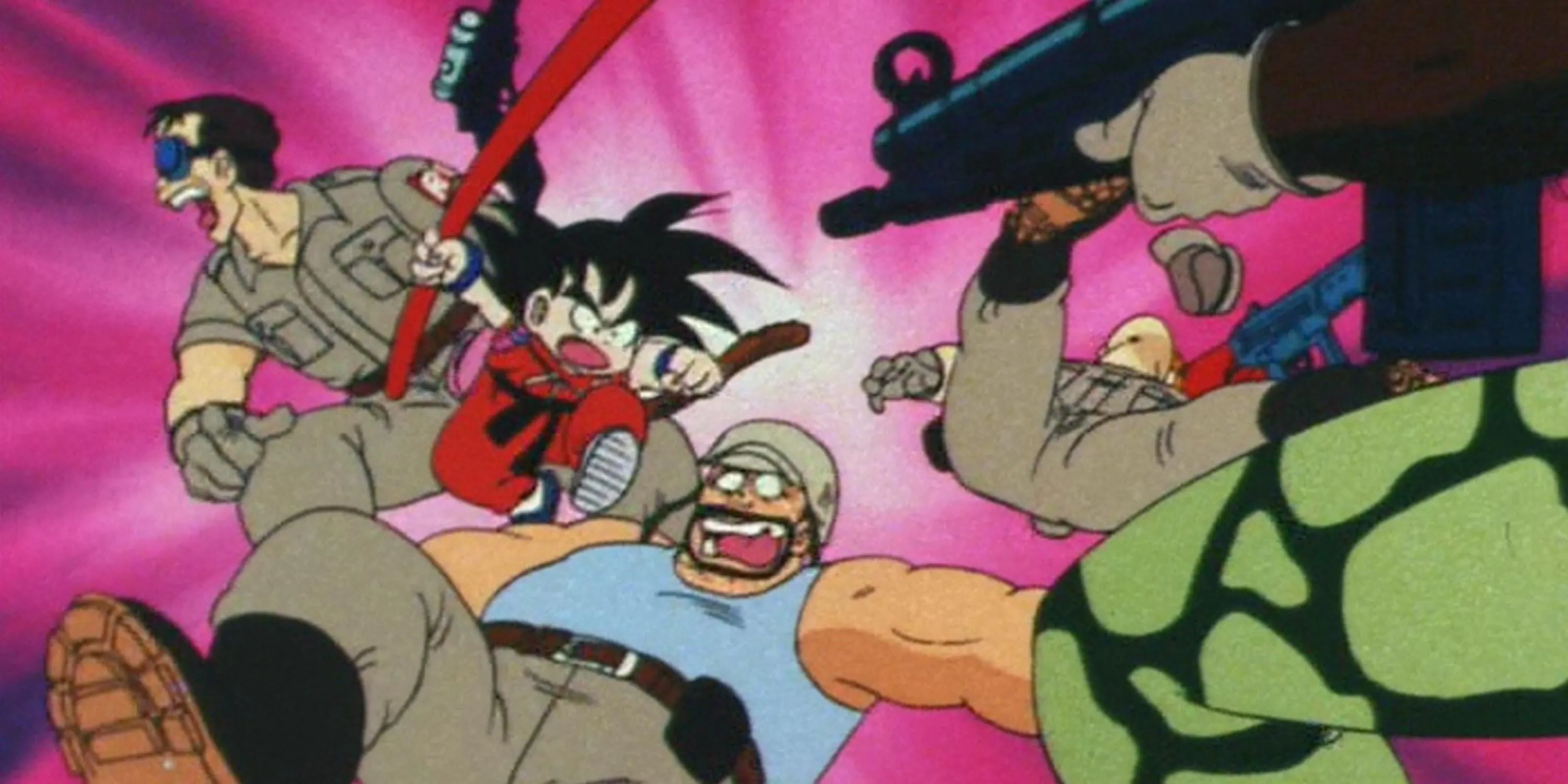 Goku thời nhỏ sử dụng gậy Như Ý đánh sập Căn cứ Quân Đoàn Ruy Băng Đỏ trong Dragon Ball