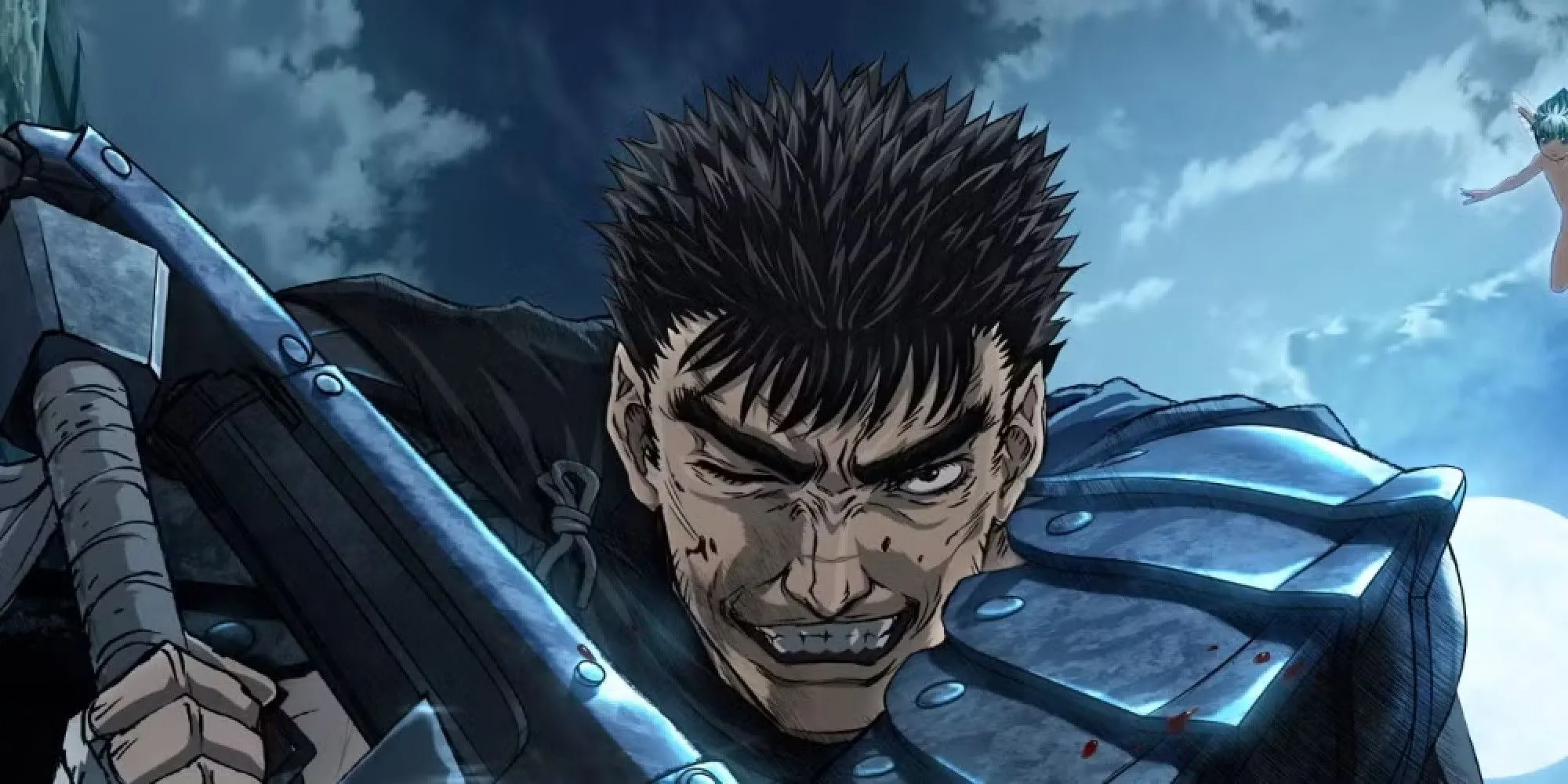 Guts Berserk với thanh kiếm đồ sộ trên vai, biểu cảm kiên nghị và ánh mắt đầy quyết tâm
