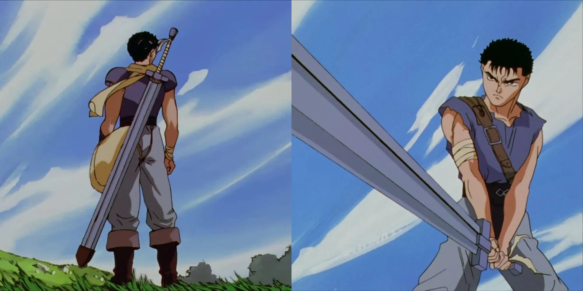 Guts vung thanh đại kiếm Dragonslayer khổng lồ trong series Berserk (1997)