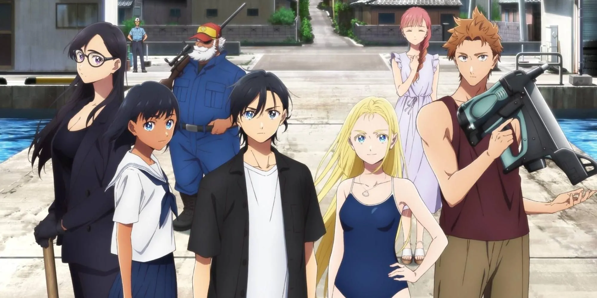 Hình ảnh dàn nhân vật chính trong anime Summer Time Rendering, bối cảnh hòn đảo bí ẩn