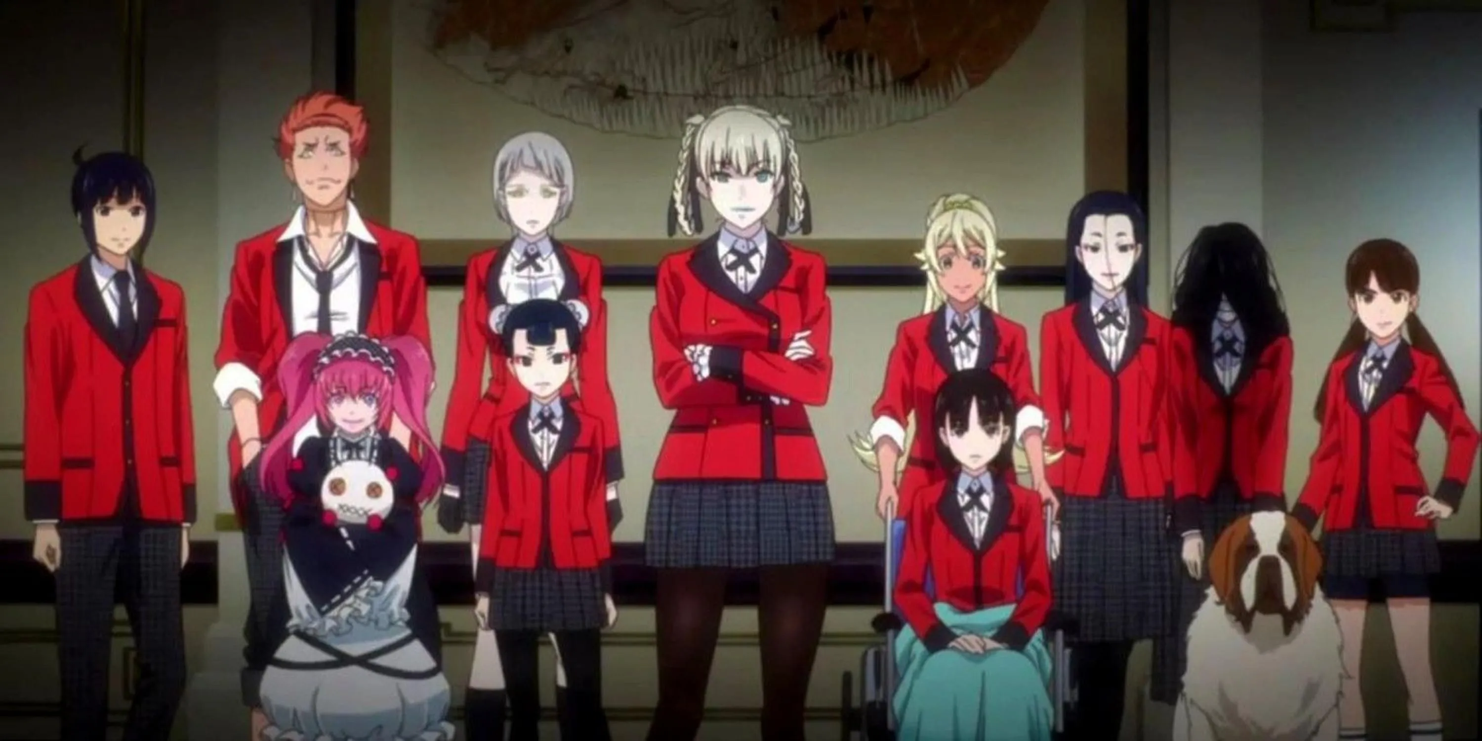Hình ảnh poster anime Kakegurui với dàn nhân vật chính trong bối cảnh học đường đầy kịch tính