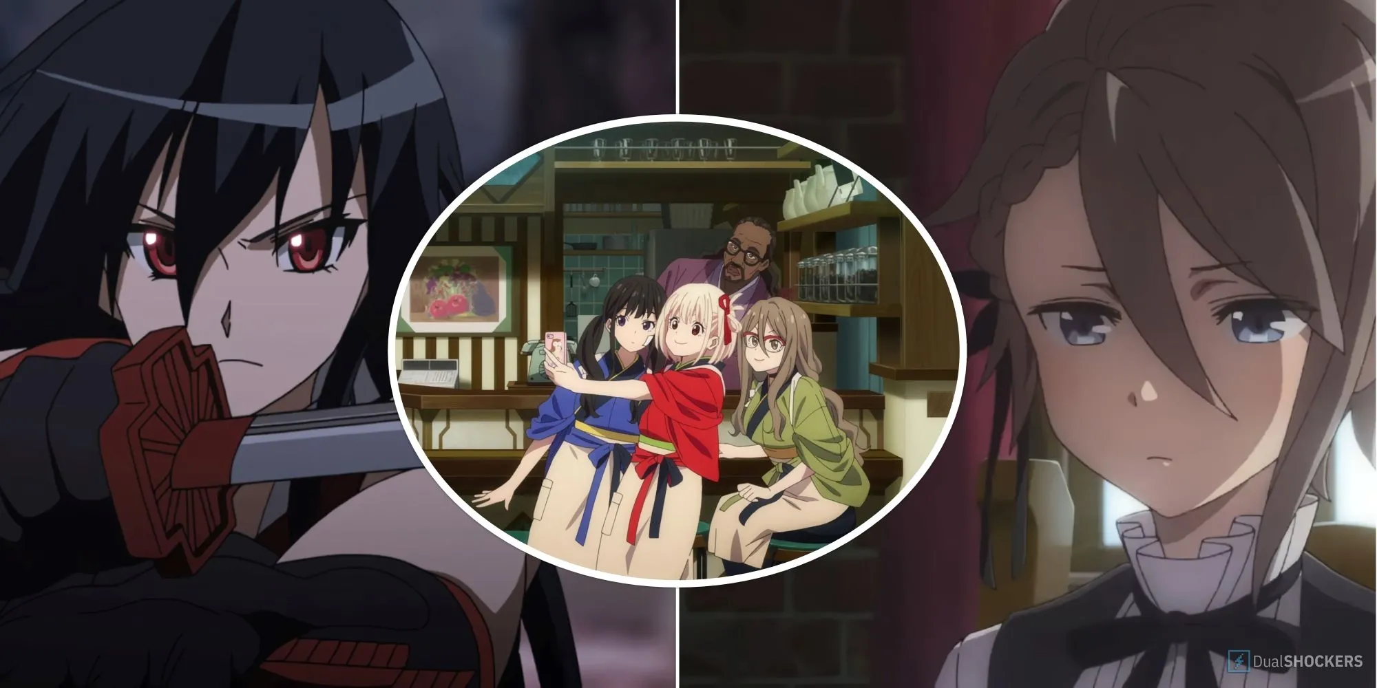 Hình ảnh tổng hợp các nhân vật từ Akame Ga Kill, Lycoris Recoil và Princess Principal