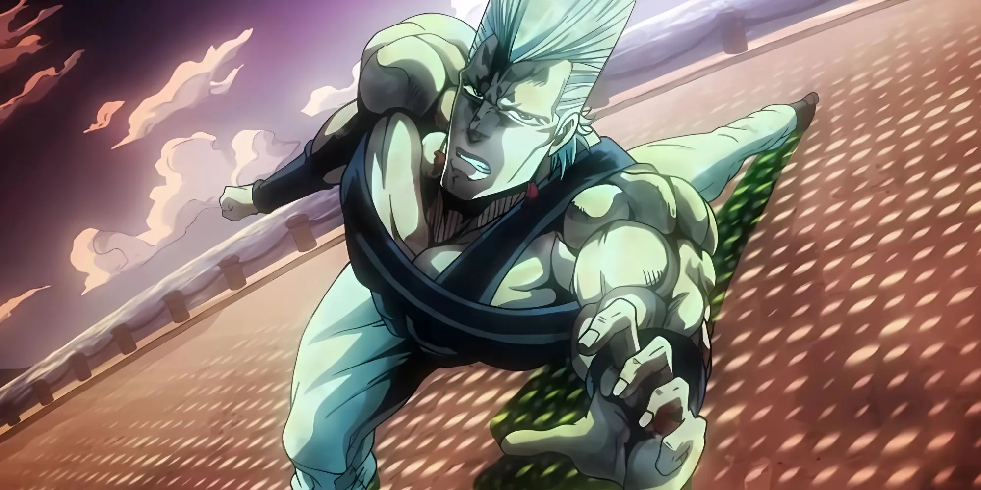 Jean-Pierre Polnareff thực hiện tư thế nghiêng người đầy kịch tính khi chiến đấu