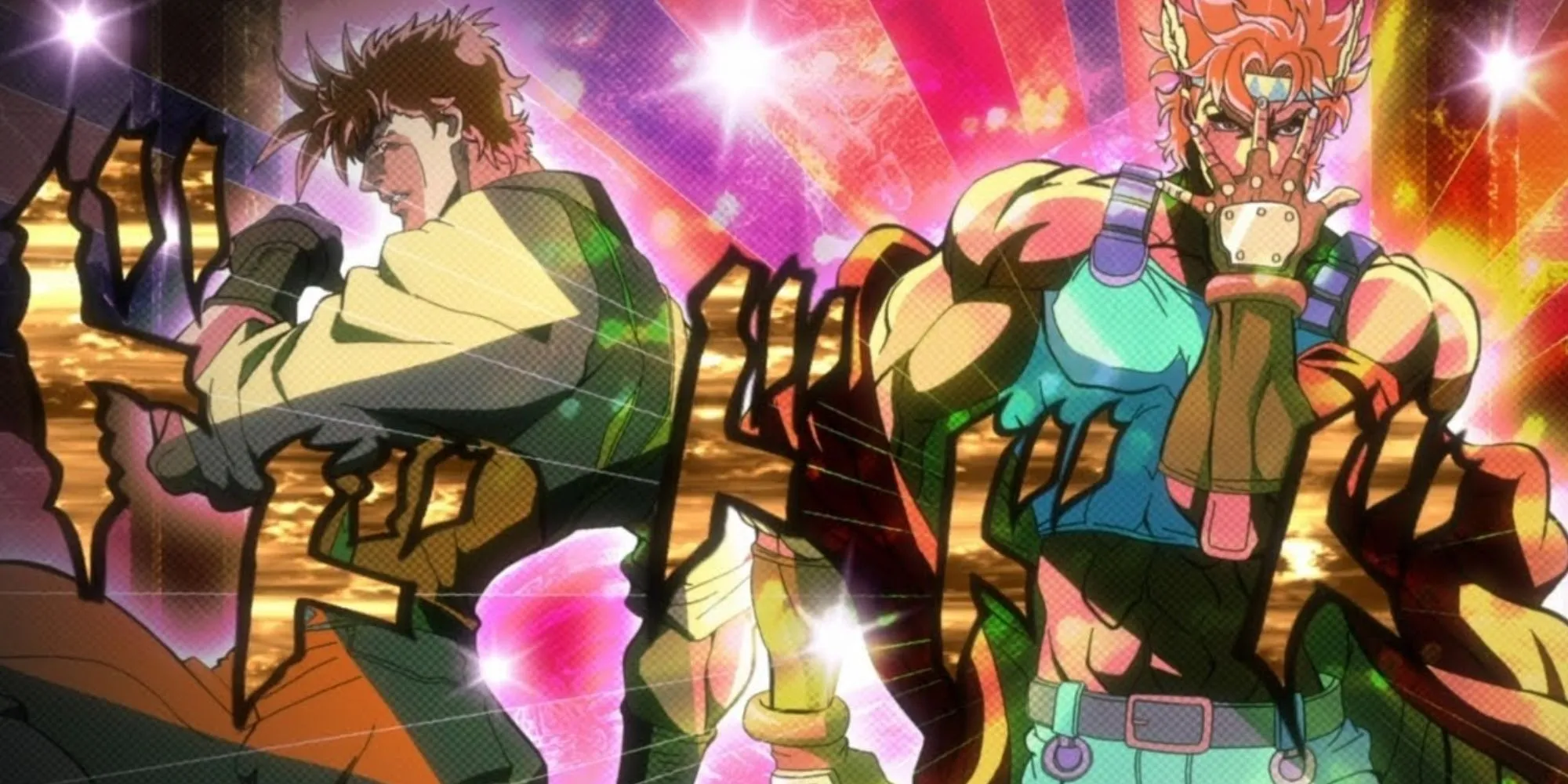 Joseph Joestar và Caesar Zeppeli tựa lưng vào nhau, thể hiện sự đối lập và đồng minh