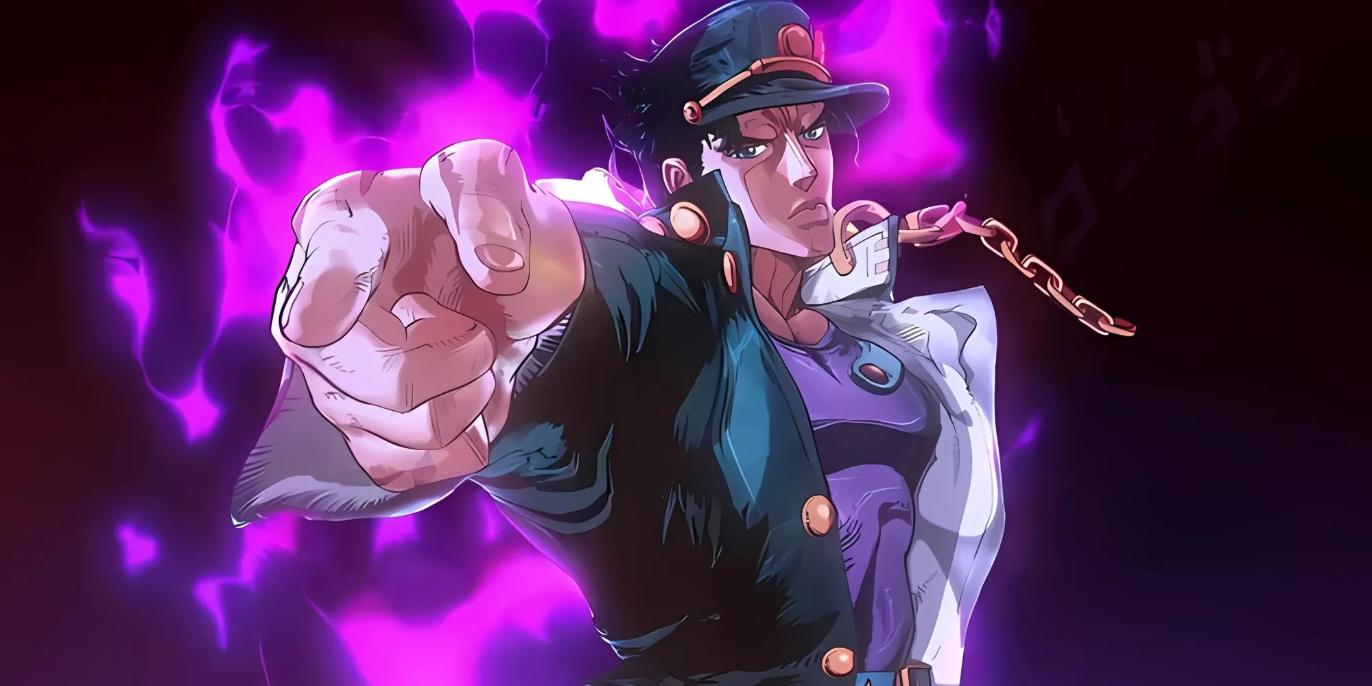 Jotaro Kujo chỉ ngón tay về phía trước, biểu tượng của sự quyết đoán và lạnh lùng