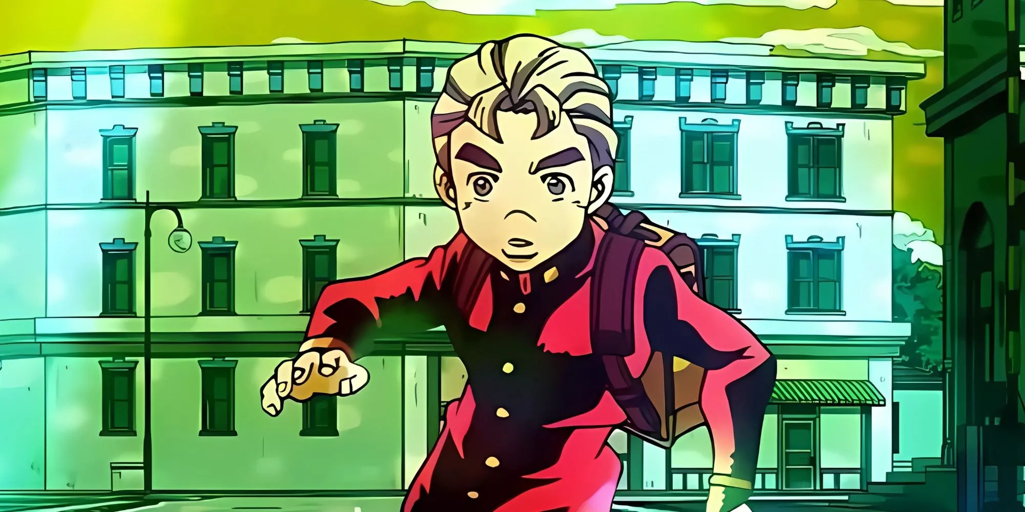 Koichi Hirose trong tư thế ngồi xổm đặc trưng của đoạn mở đầu Diamond is Unbreakable