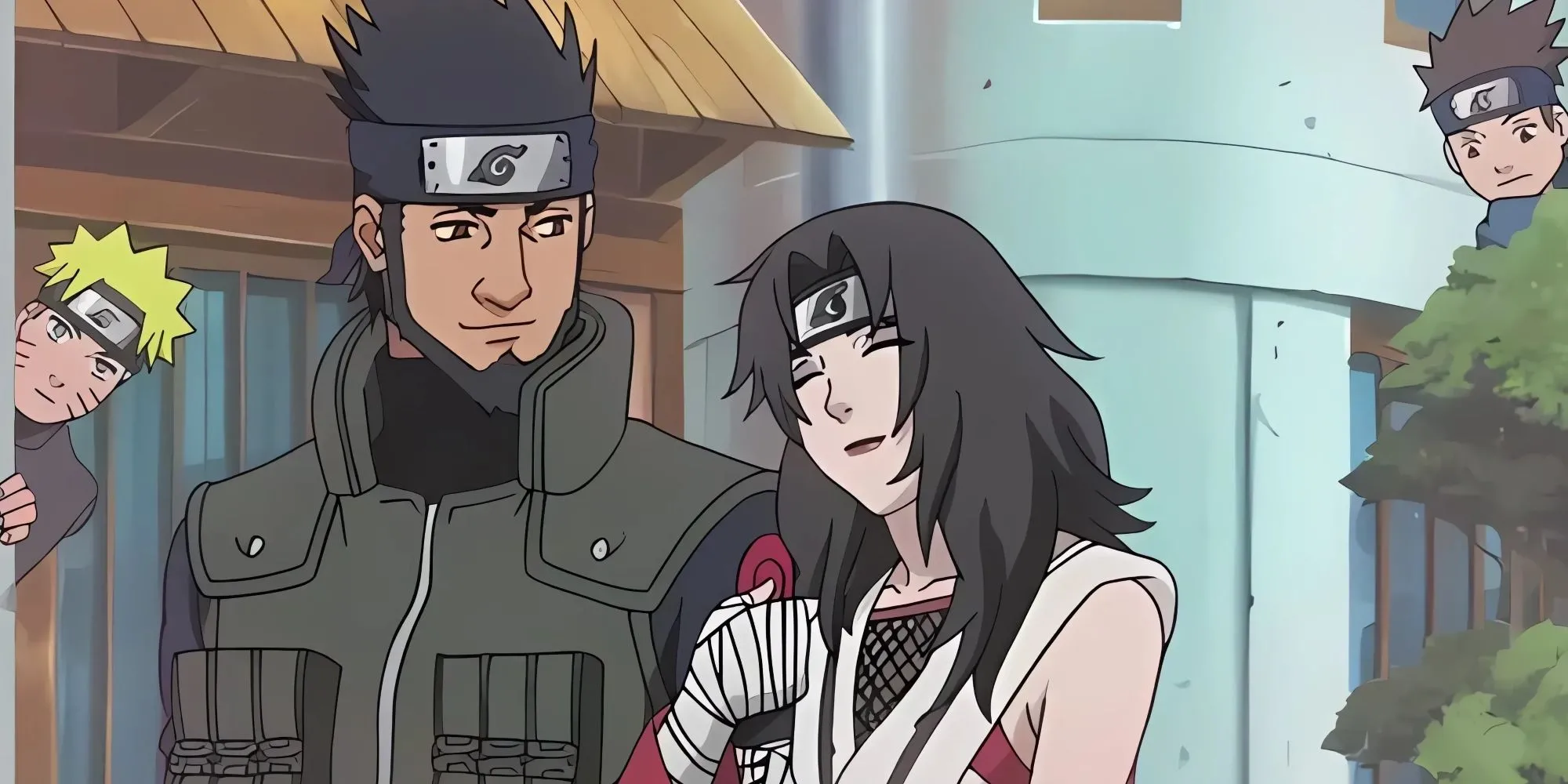 Kurenai và Asuma trong Naruto, với Naruto và Konohamaru theo dõi từ xa