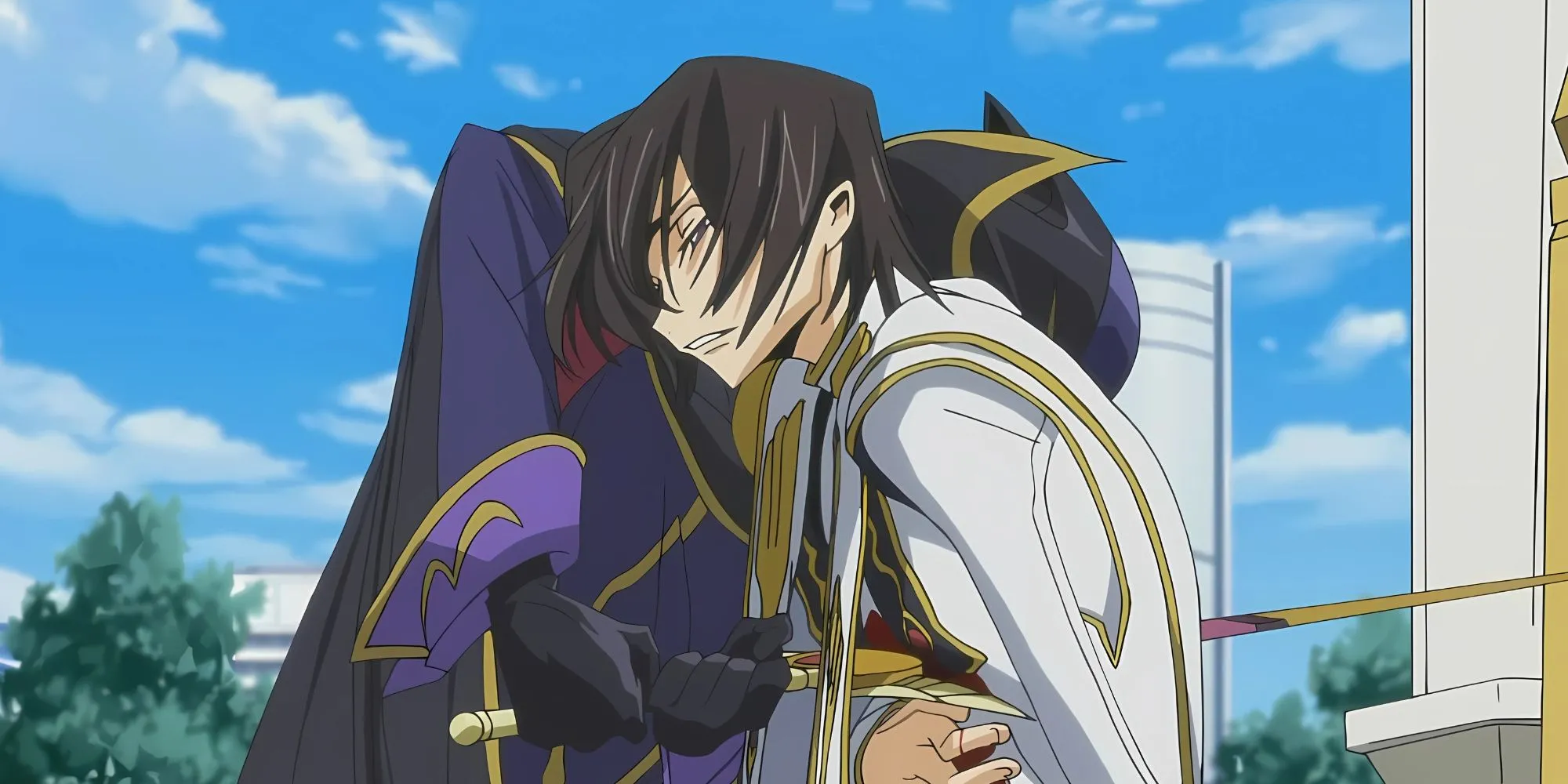 Lelouch Lamperouge trong trang phục Zero, chuẩn bị thực hiện Zero Requiem trong Code Geass
