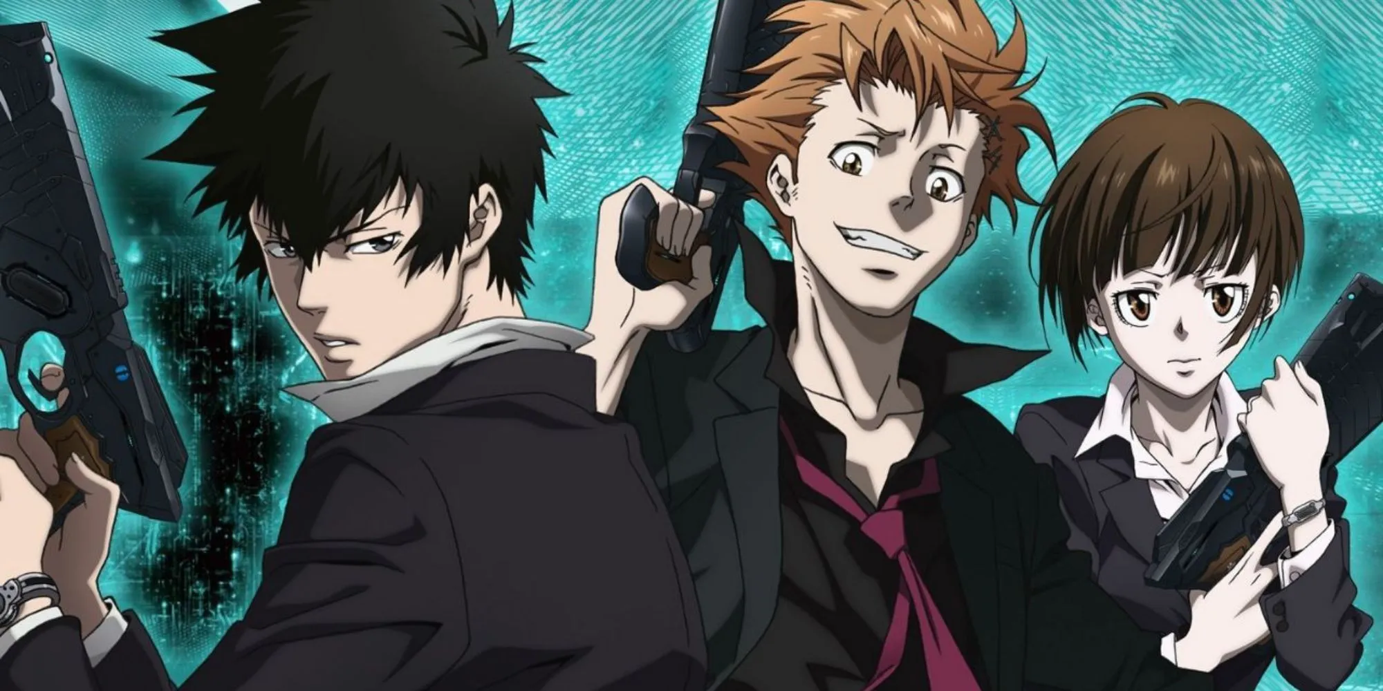 Nhân vật Akane Tsunemori cùng khẩu Dominator trong anime Psycho-Pass, đại diện cho hệ thống Sybil và chủ đề công lý.