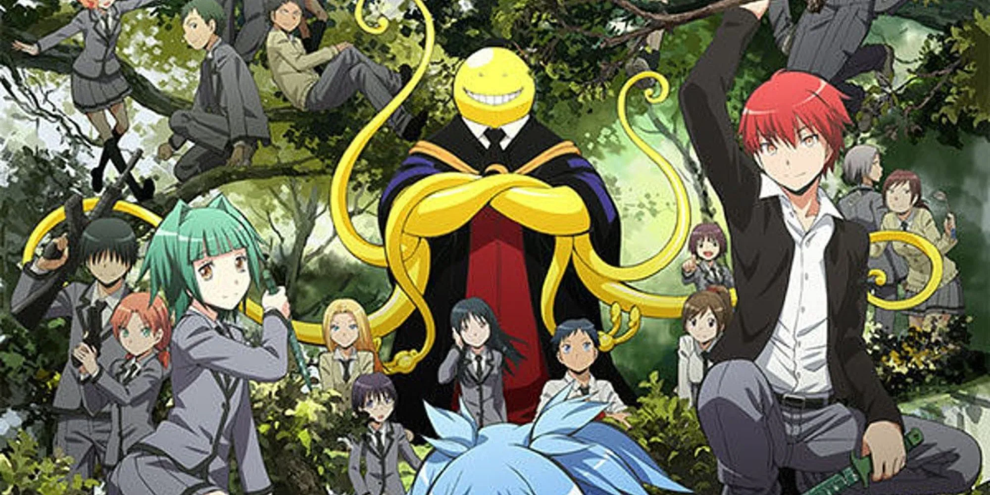 Nhân vật Koro-sensei cùng các học sinh lớp 3-E trong anime Lớp Học Ám Sát
