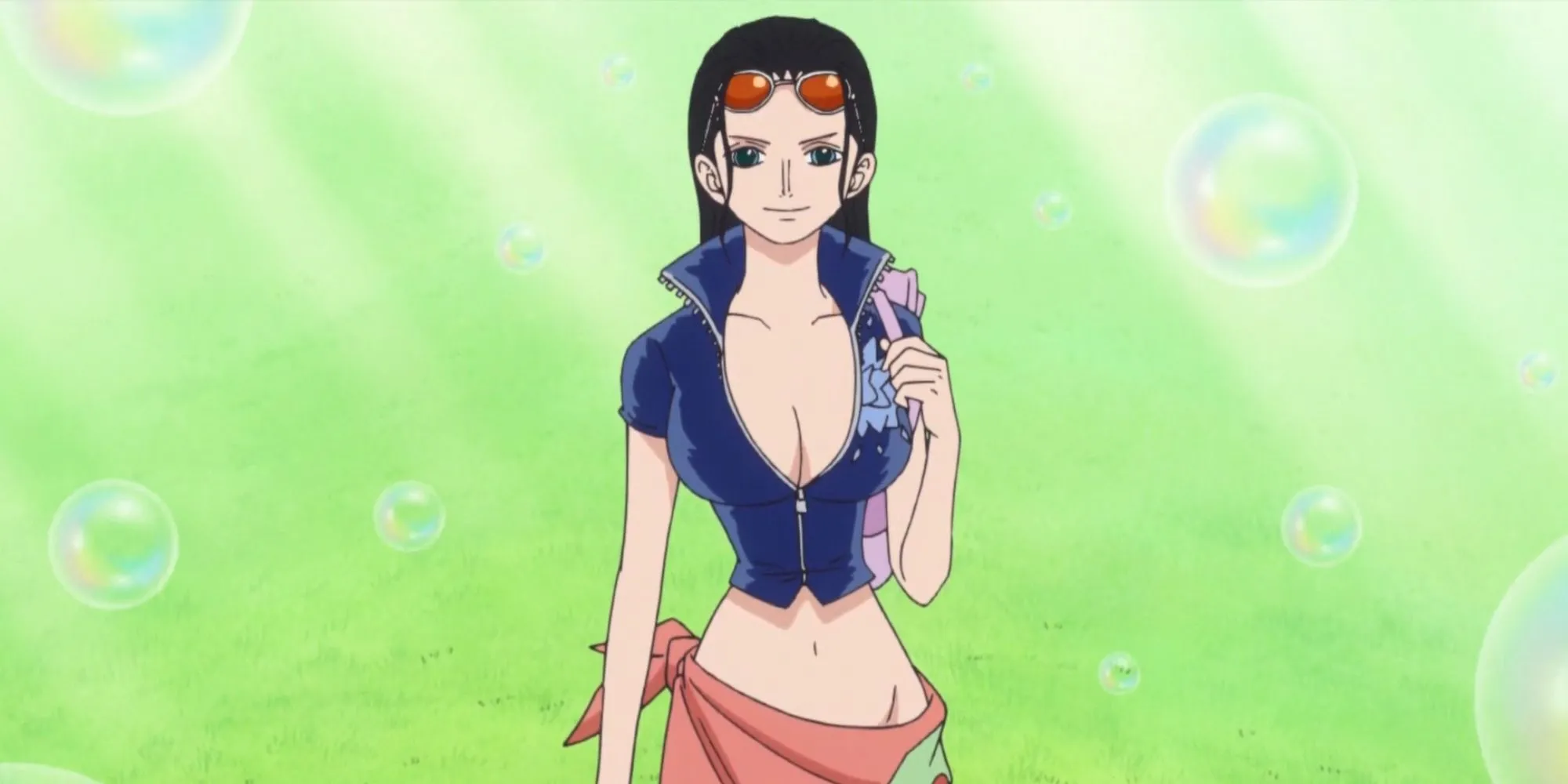 Nico Robin từ One Piece mỉm cười với chiếc mũ và trang phục màu tím đặc trưng