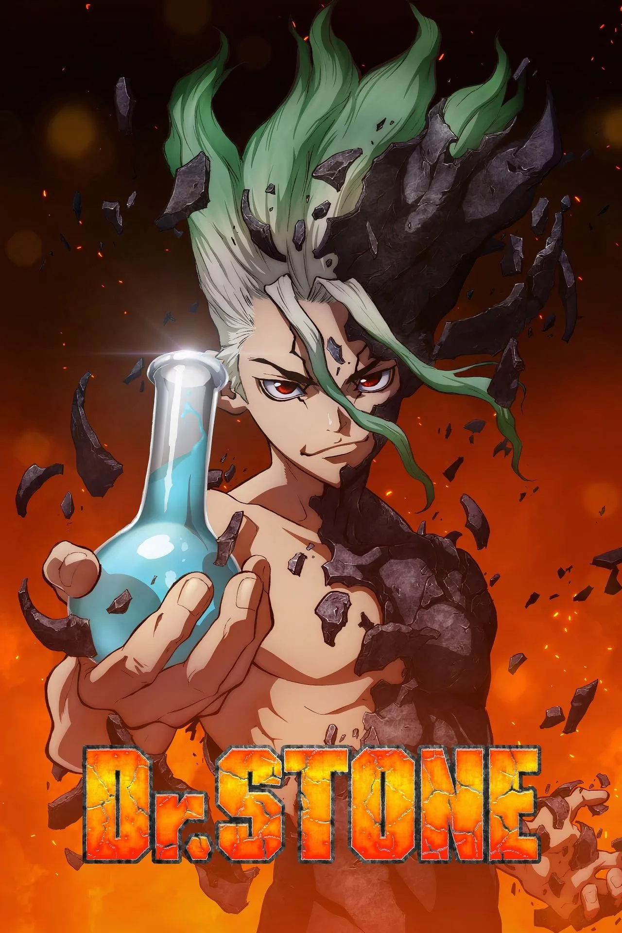 Poster chính thức của bộ anime Dr. Stone (2019), giới thiệu các nhân vật chính trong thế giới hậu tận thế đá hóa.