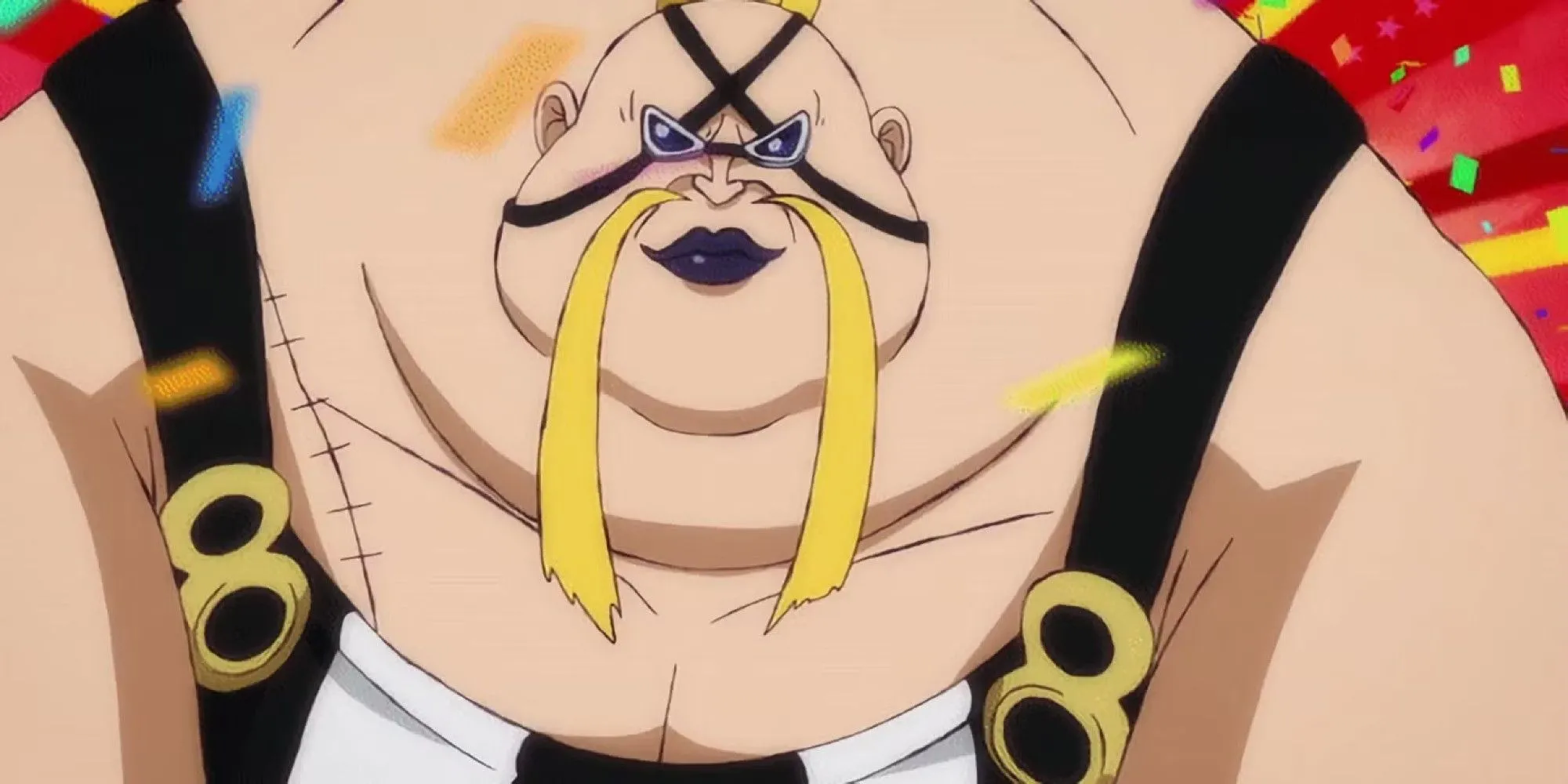 Queen của Băng Hải Tặc Bách Thú trong One Piece với trang phục màu vàng và kiểu tóc độc đáo