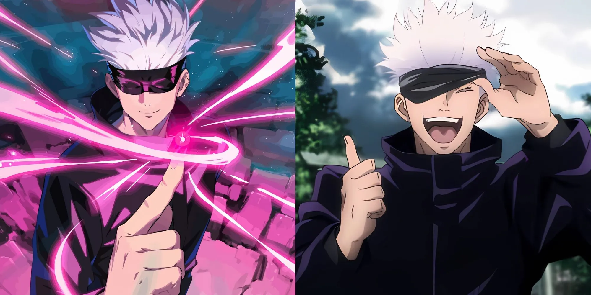 Satoru Gojo từ Jujutsu Kaisen, bịt mắt đặc trưng, với nụ cười tự mãn và vẻ ngoài tự tin, biểu tượng cho sức mạnh vô địch của anh.