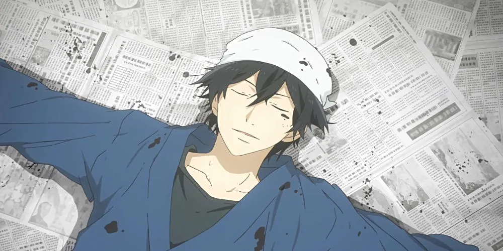 Seishuu Handa nằm trên báo đầy mực trong anime Barakamon