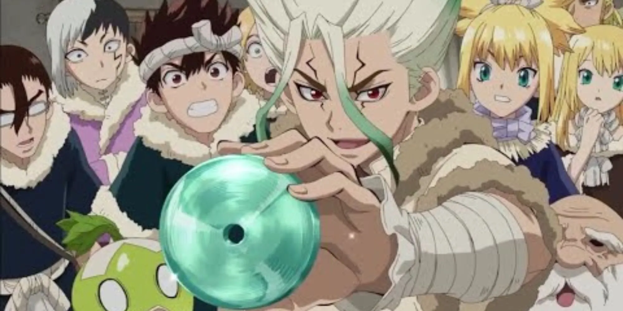 Senku Ishigami đang thực hiện một phát minh khoa học trong series anime Dr. Stone, thể hiện nỗ lực tái thiết nền văn minh.