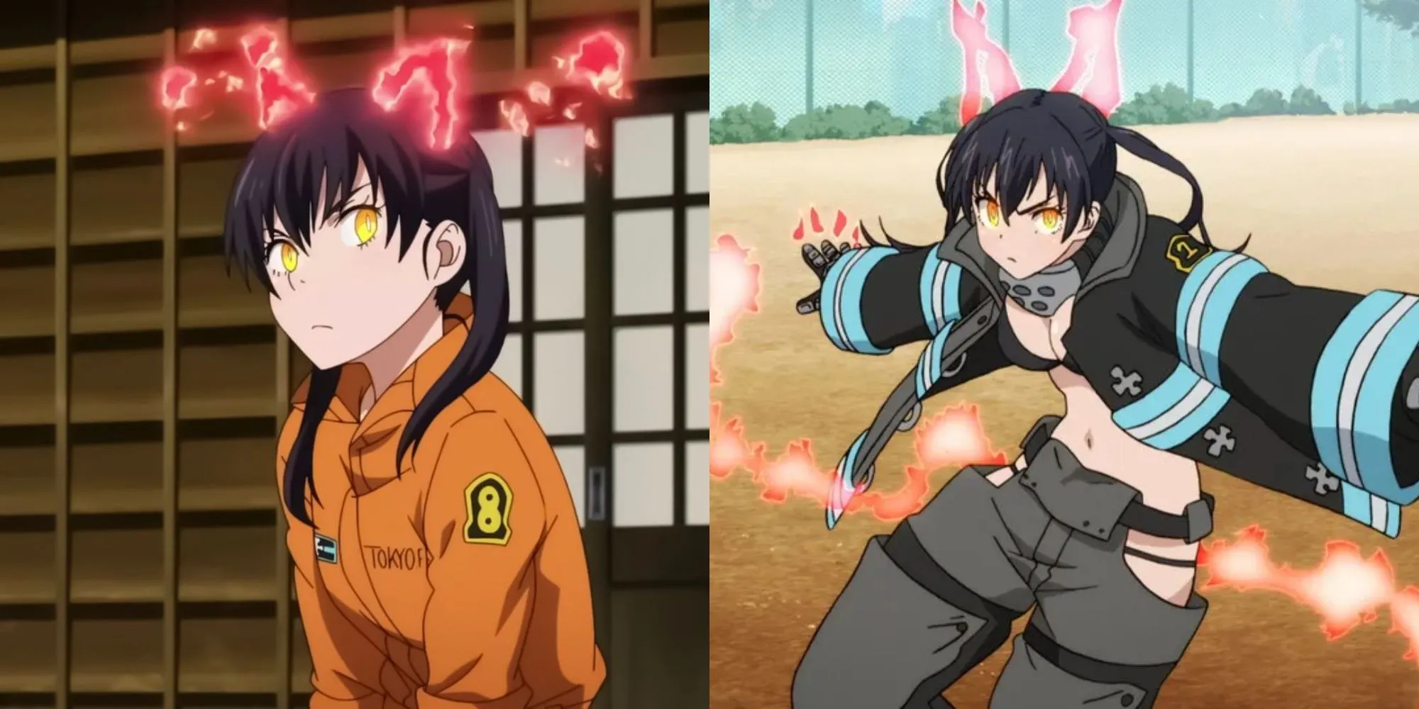 Tamaki Kotatsu trong bộ đồng phục Fire Force, thể hiện sự đáng yêu và cả khoảnh khắc 'may mắn' đặc trưng