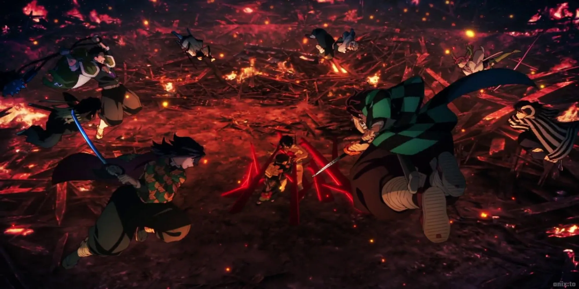 Tanjiro và các Trụ Cột tấn công Muzan trong anime Demon Slayer