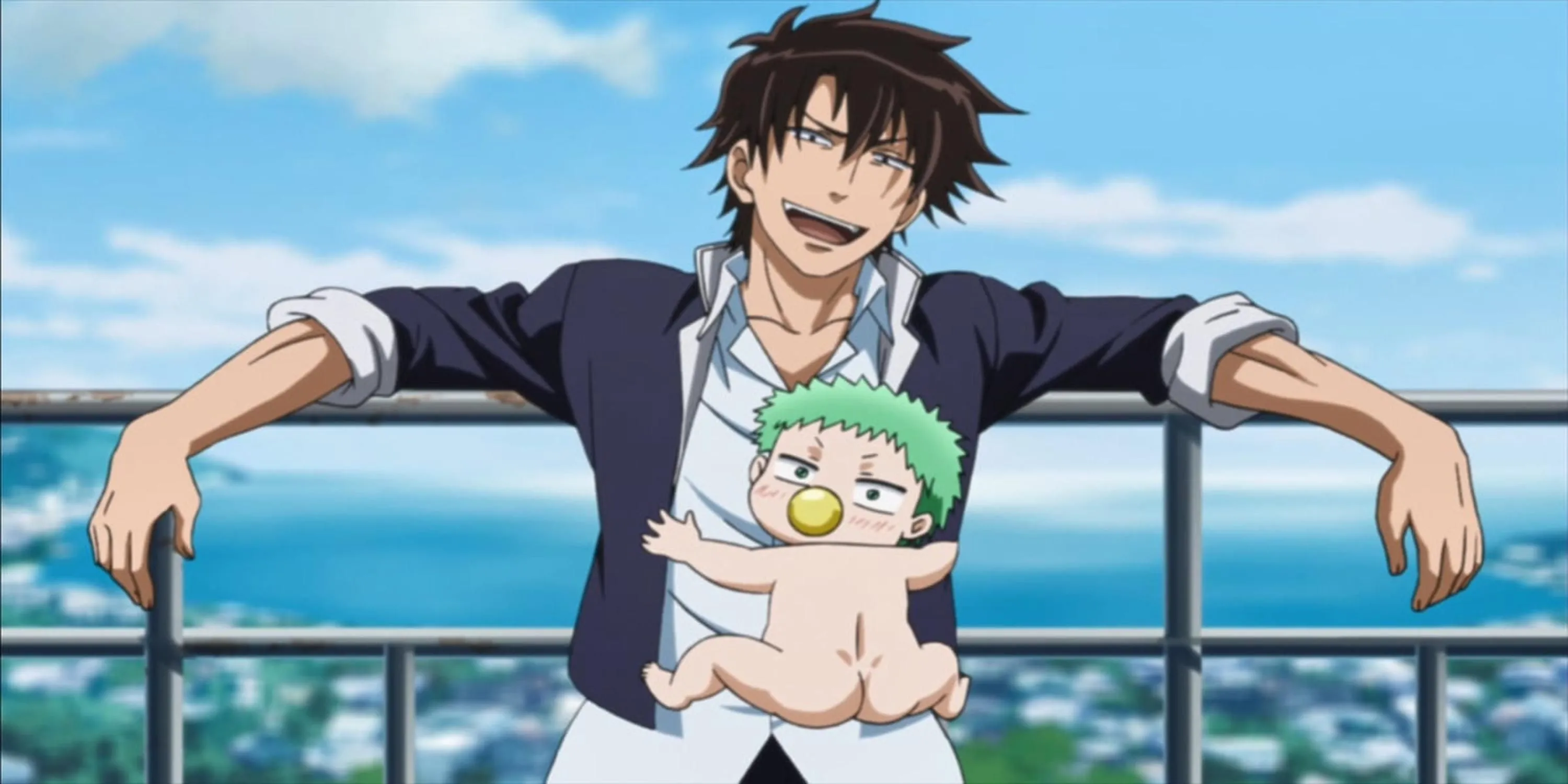 Tatsumi Oga bế Bé Beel đang tức giận trong bối cảnh học đường hỗn loạn của anime Beelzebub