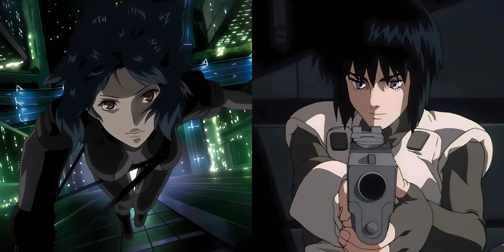 Thiếu tá Motoko Kusanagi, nhân vật chính của Ghost in the Shell, trong trang phục và tư thế chiến đấu đặc trưng
