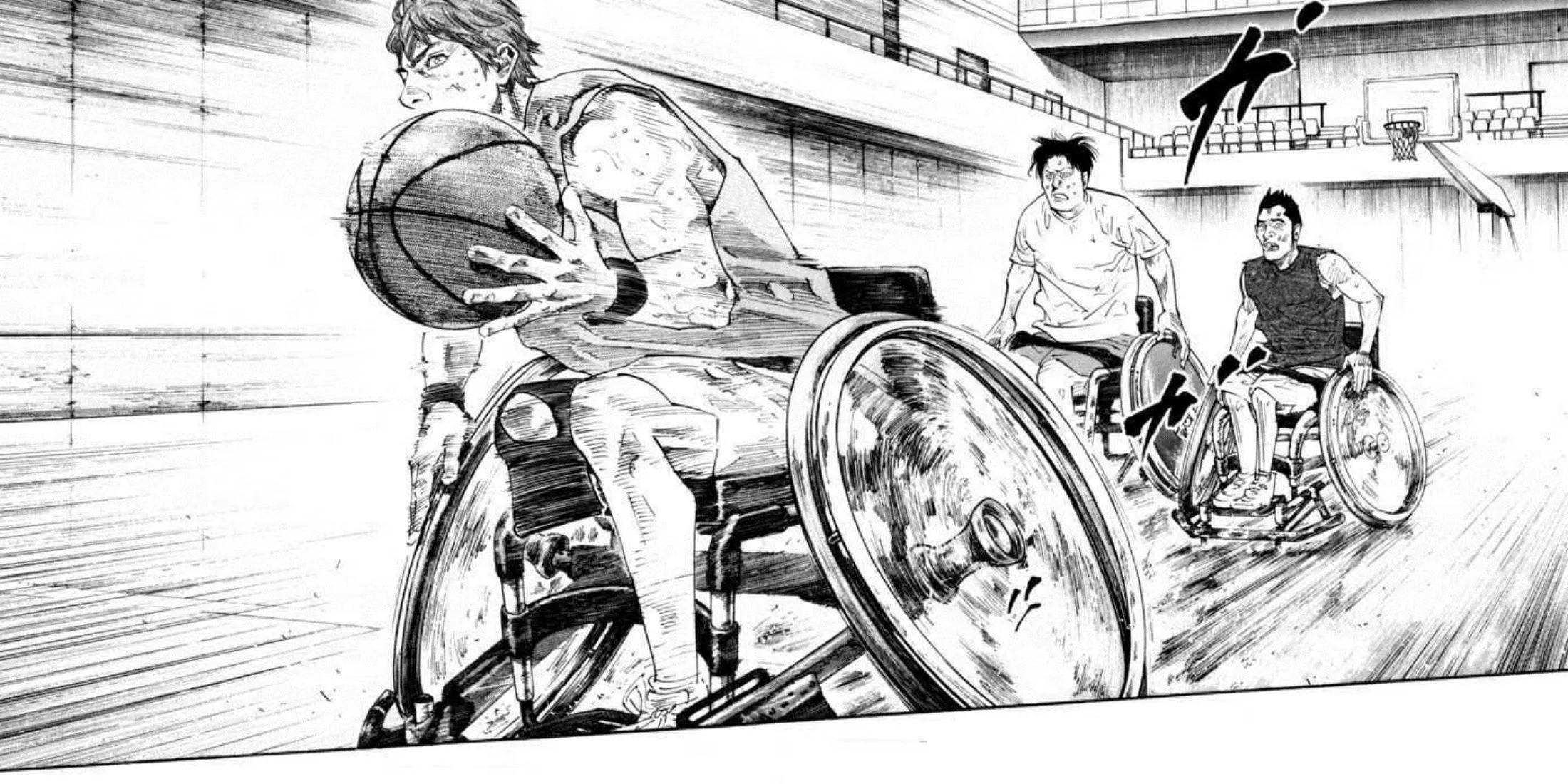 Trang bìa manga Real mô tả các nhân vật chính chơi bóng rổ xe lăn
