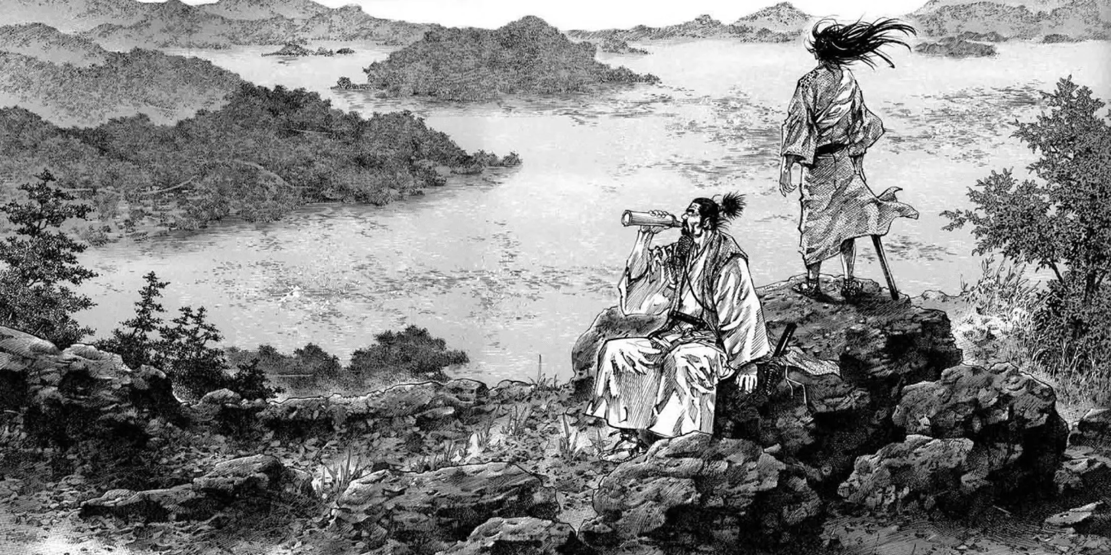 Trang bìa manga Vagabond với hình ảnh kiếm sĩ Musashi Miyamoto đầy khí thế