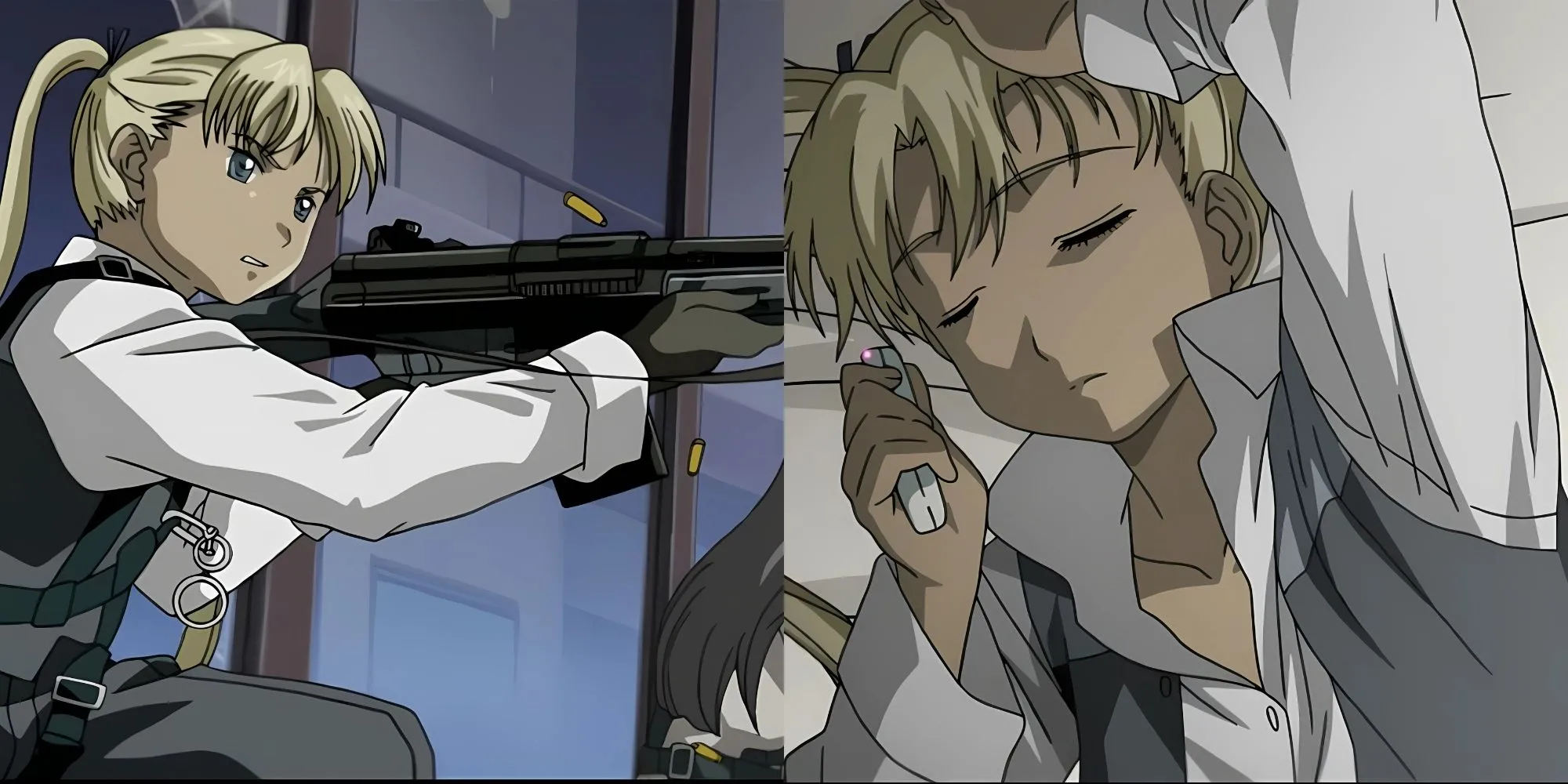 Triela, cô gái cyborg trong Gunslinger Girl, đứng nghiêm nghị cùng khẩu shotgun SPAS-12