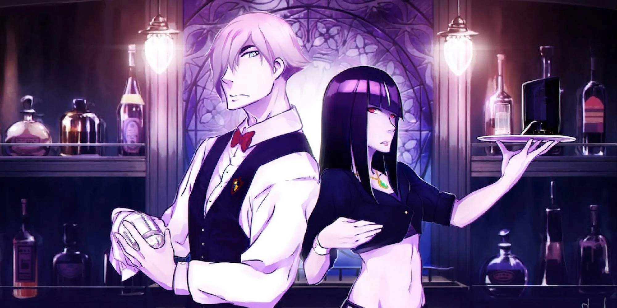 Trọng tài Decim và người trợ lý Chiyuki tại quầy bar Quindecim trong Death Parade