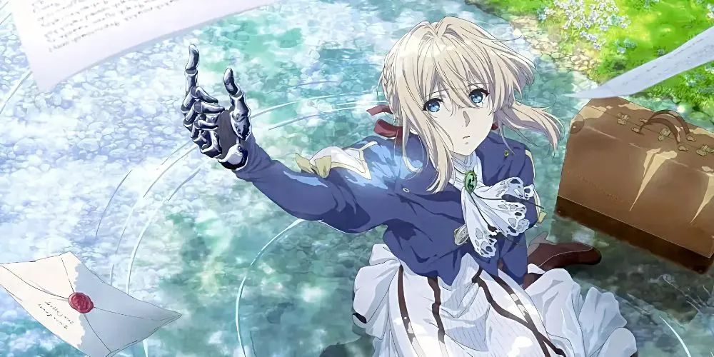 Violet Evergarden trong bộ trang phục búp bê tự động viết thư, ánh mắt nhìn xa xăm, thể hiện sự tĩnh lặng sau hành trình chữa lành