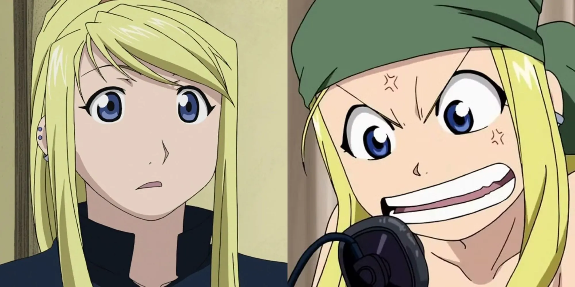 Winry Rockbell trong xưởng cơ khí với công cụ trong Fullmetal Alchemist Brotherhood