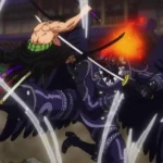Zoro sử dụng Tam Kiếm Phái đối đầu King trong trận chiến tại Onigashima