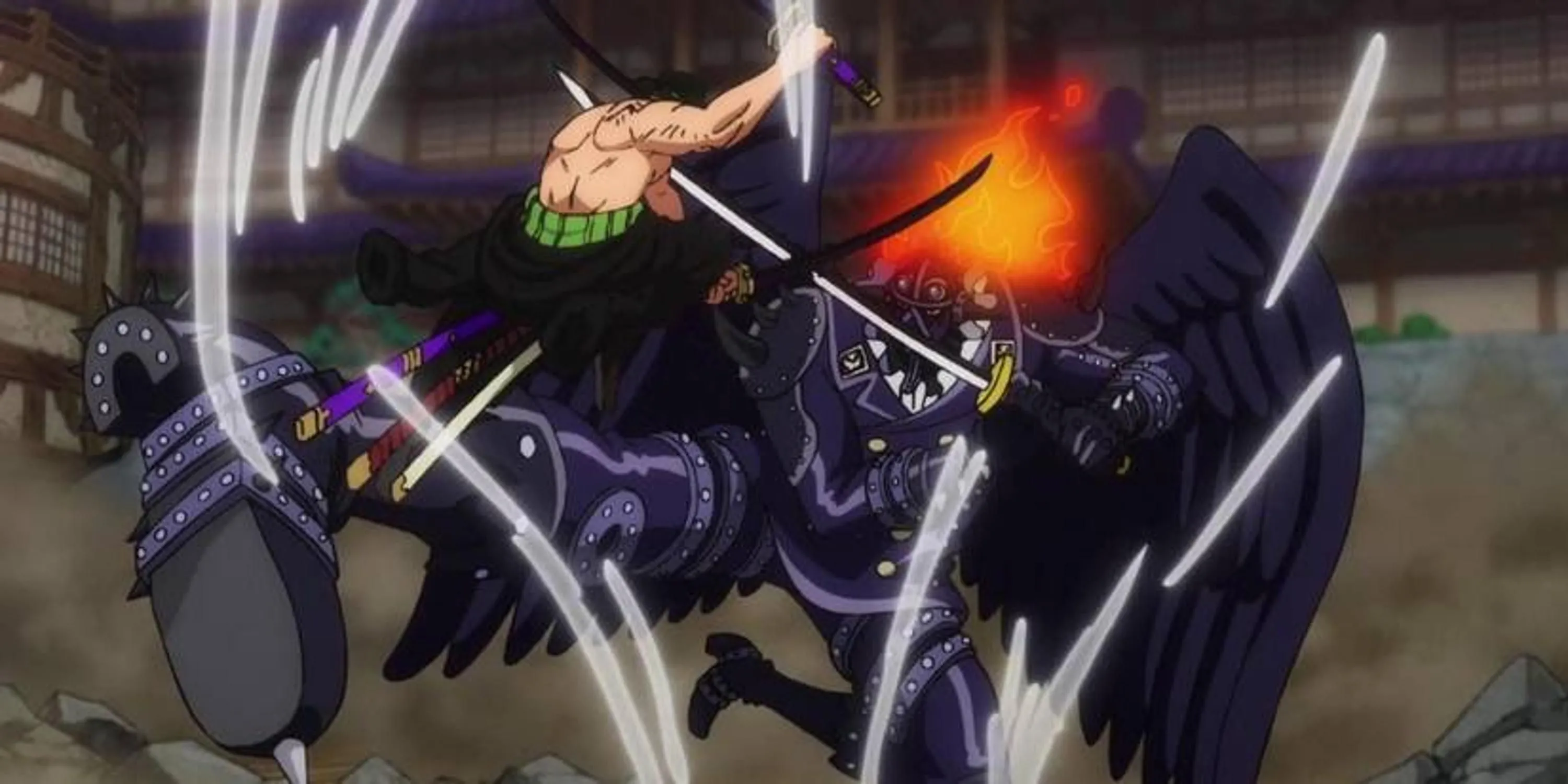 Zoro sử dụng Tam Kiếm Phái đối đầu King trong trận chiến tại Onigashima