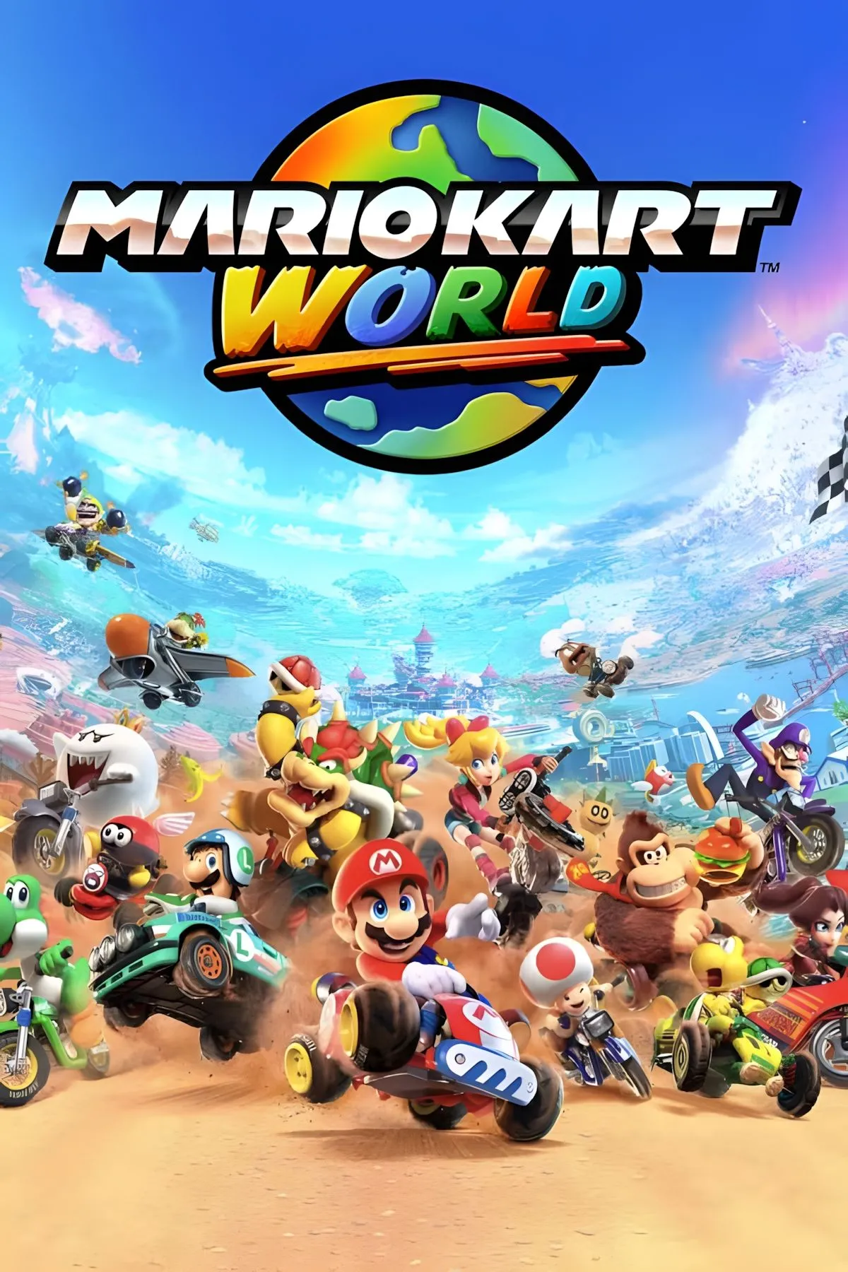 Ảnh bìa trang thẻ game Mario Kart World với logo và thiết kế đặc trưng.