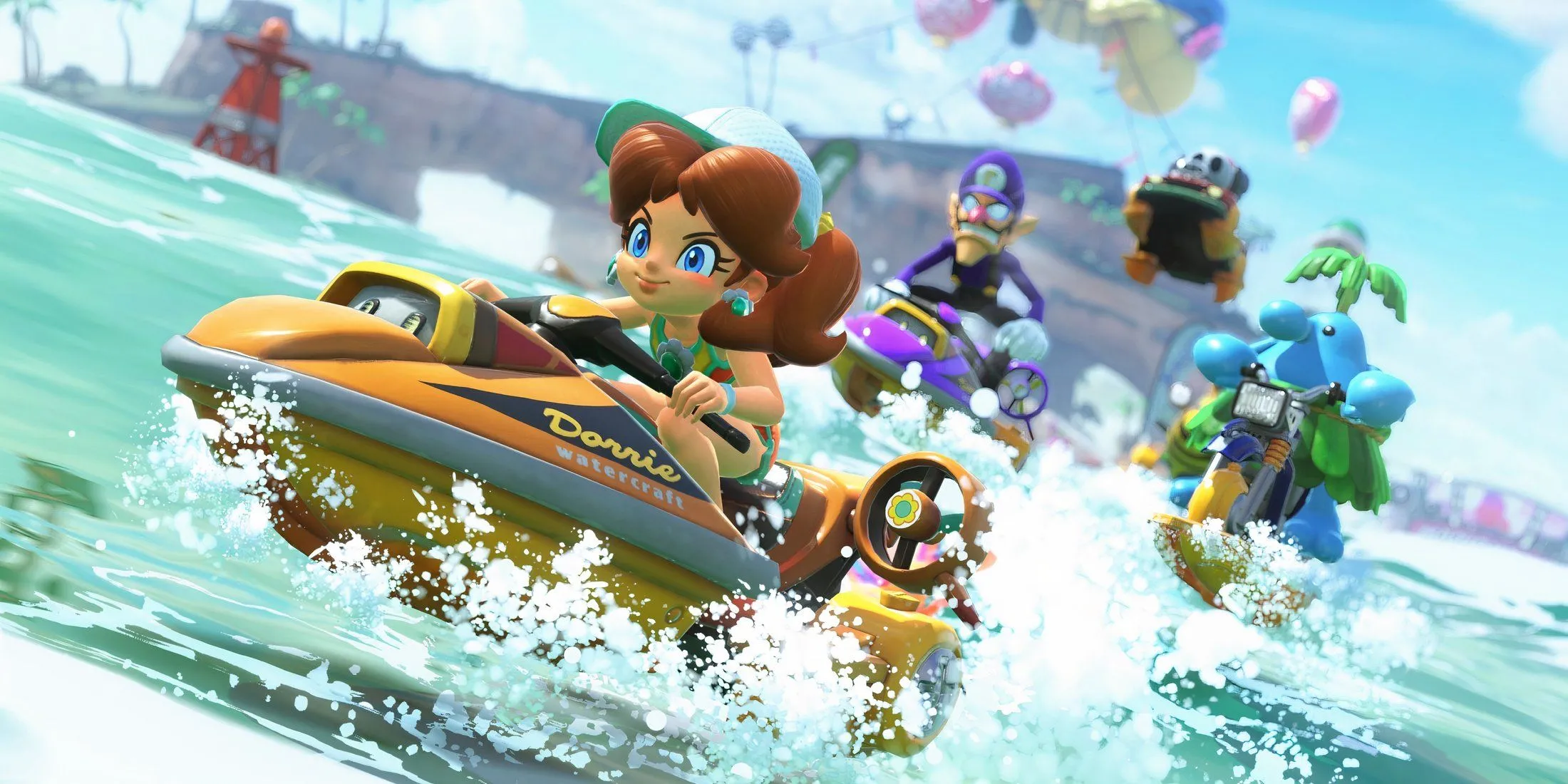 Daisy trong sảnh chờ Mario Kart World, thiếu lá cờ quốc gia hiển thị.