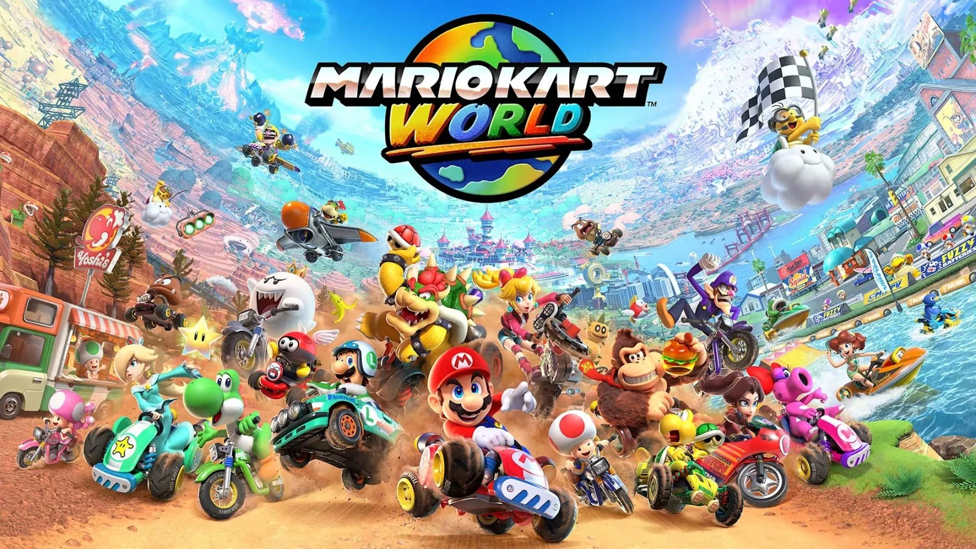 Một cảnh đua trong Mario Kart World với nhiều nhân vật đang thi đấu trên đường đua đầy màu sắc.