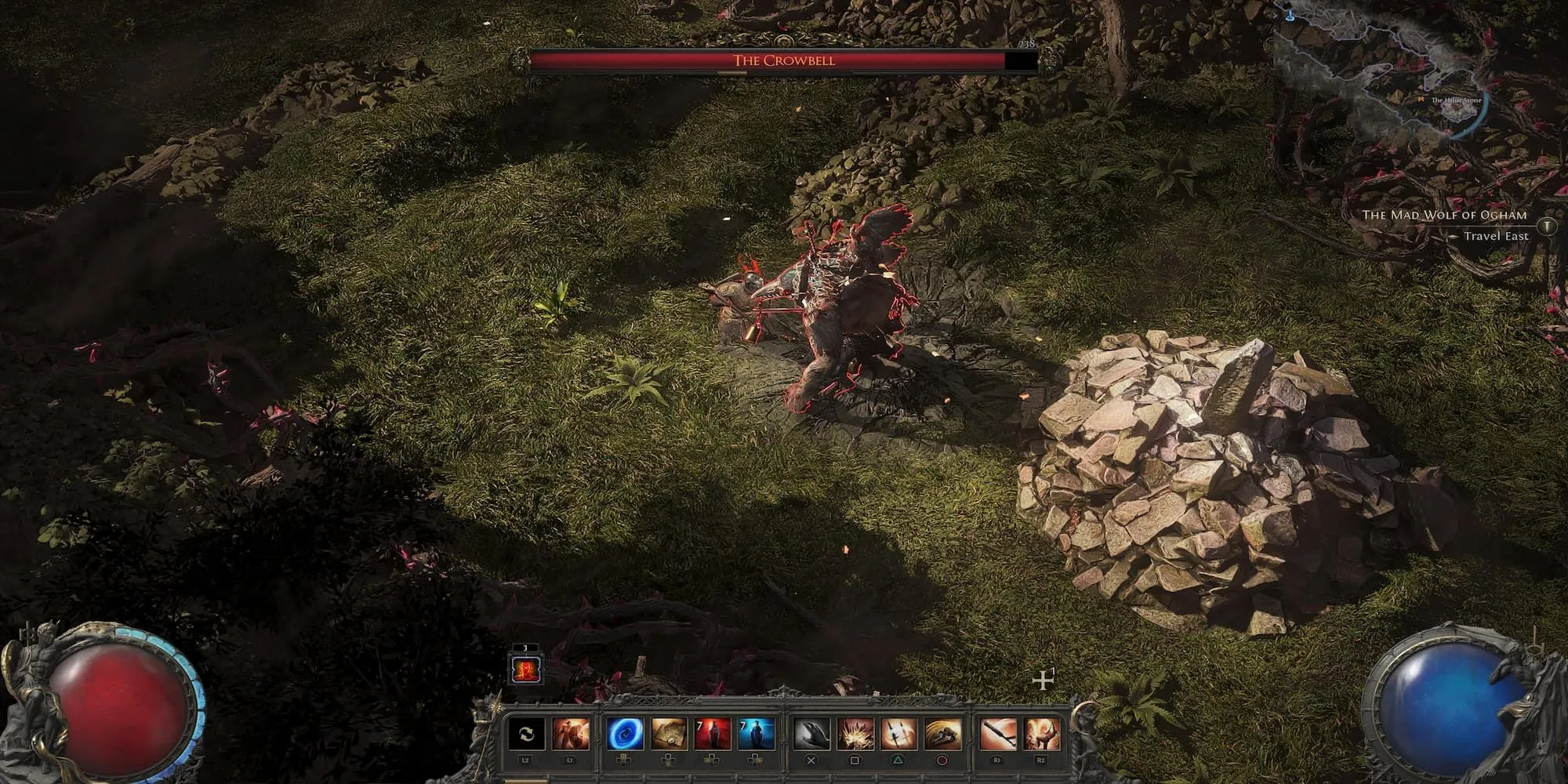 Một game thủ đối mặt với trùm phụ có kích thước lớn trong Path of Exile 2, minh họa các trận đấu boss đầy kịch tính