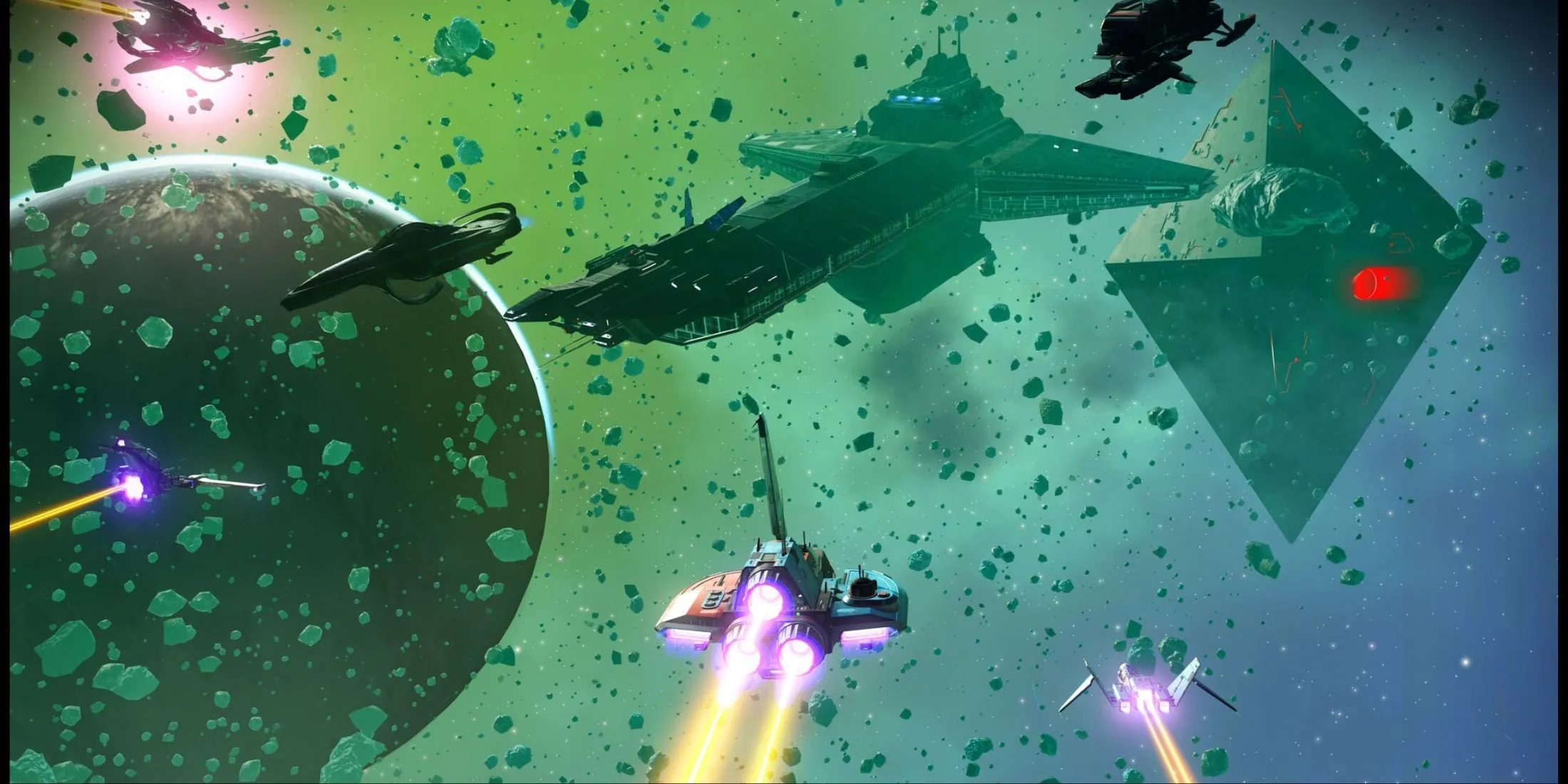 Một tàu tuần dương khổng lồ của game thủ đang bay trong không gian vũ trụ No Man's Sky