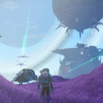 Người chơi khám phá một hành tinh với tàu vũ trụ và công trình xây dựng từ xa trong No Man's Sky