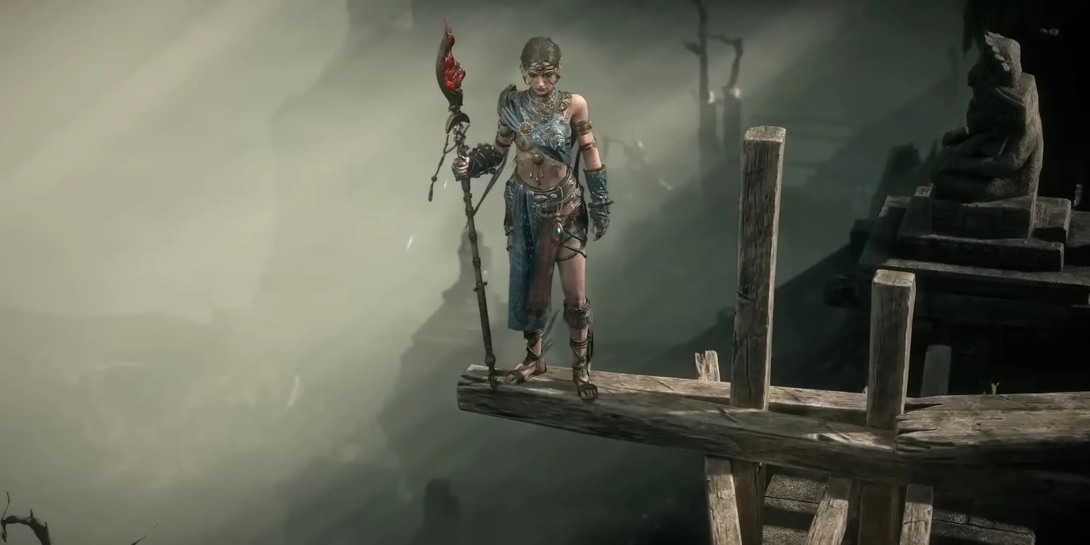 Pháp sư với trang bị Act 3 trong Path of Exile 2, thể hiện sự đa dạng về lớp nhân vật và trang bị trong game